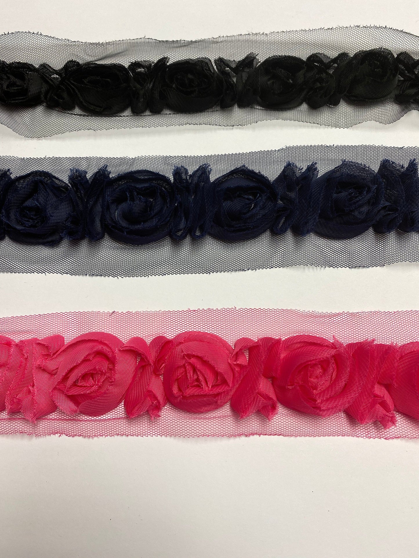 1 mtr, 3D Rose Tape Trim, 10 colours, very soft, rose tape, organza rose tape, floral trim,
