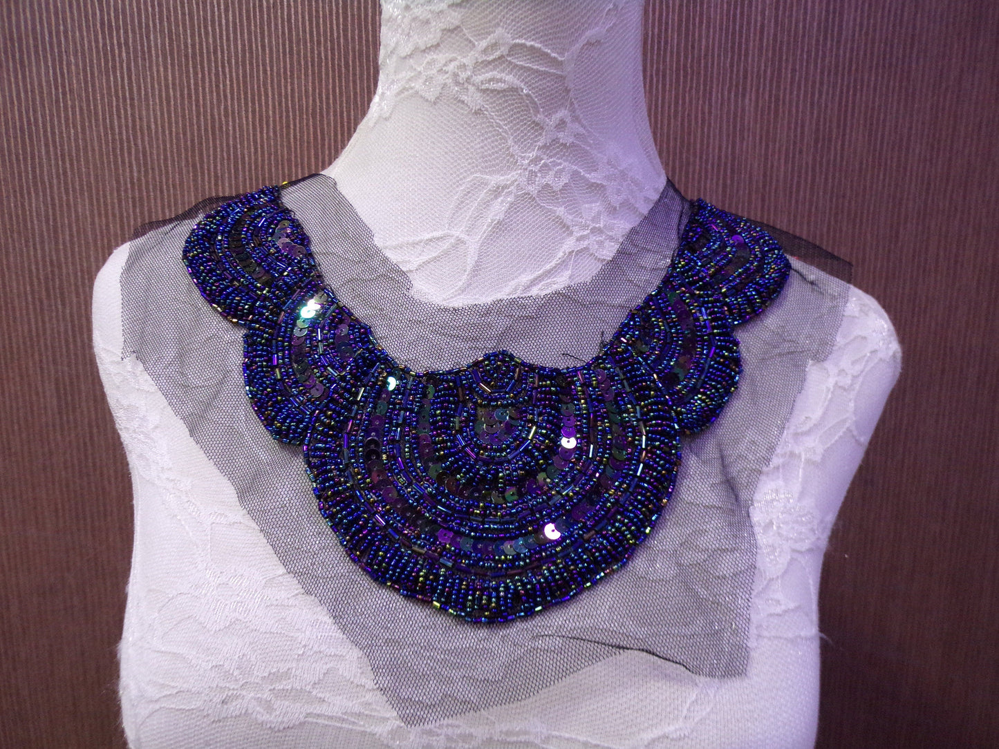 Beautiful Deep Blue Sequin Beaded Applique, Round Neck, top, dress, dancewear, decoration, sewing, craft