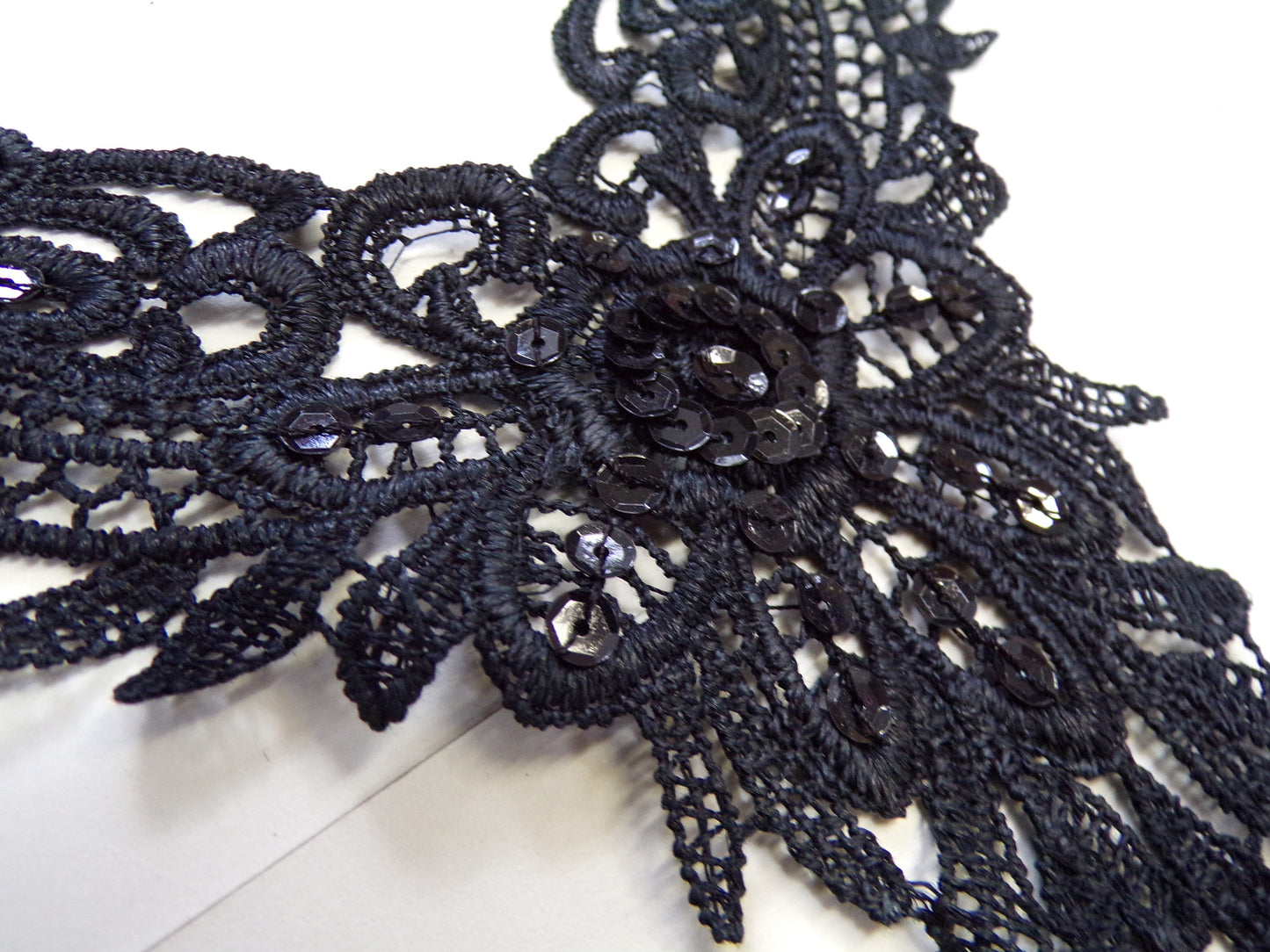 Beautiful Black Sequin Lace Applique, Round Neck, trim, appliqué, sequin appliqué.