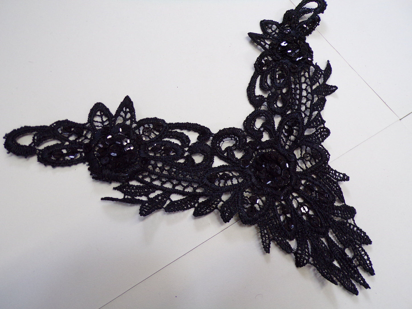 Beautiful Black Sequin Lace Applique, Round Neck, trim, appliqué, sequin appliqué.