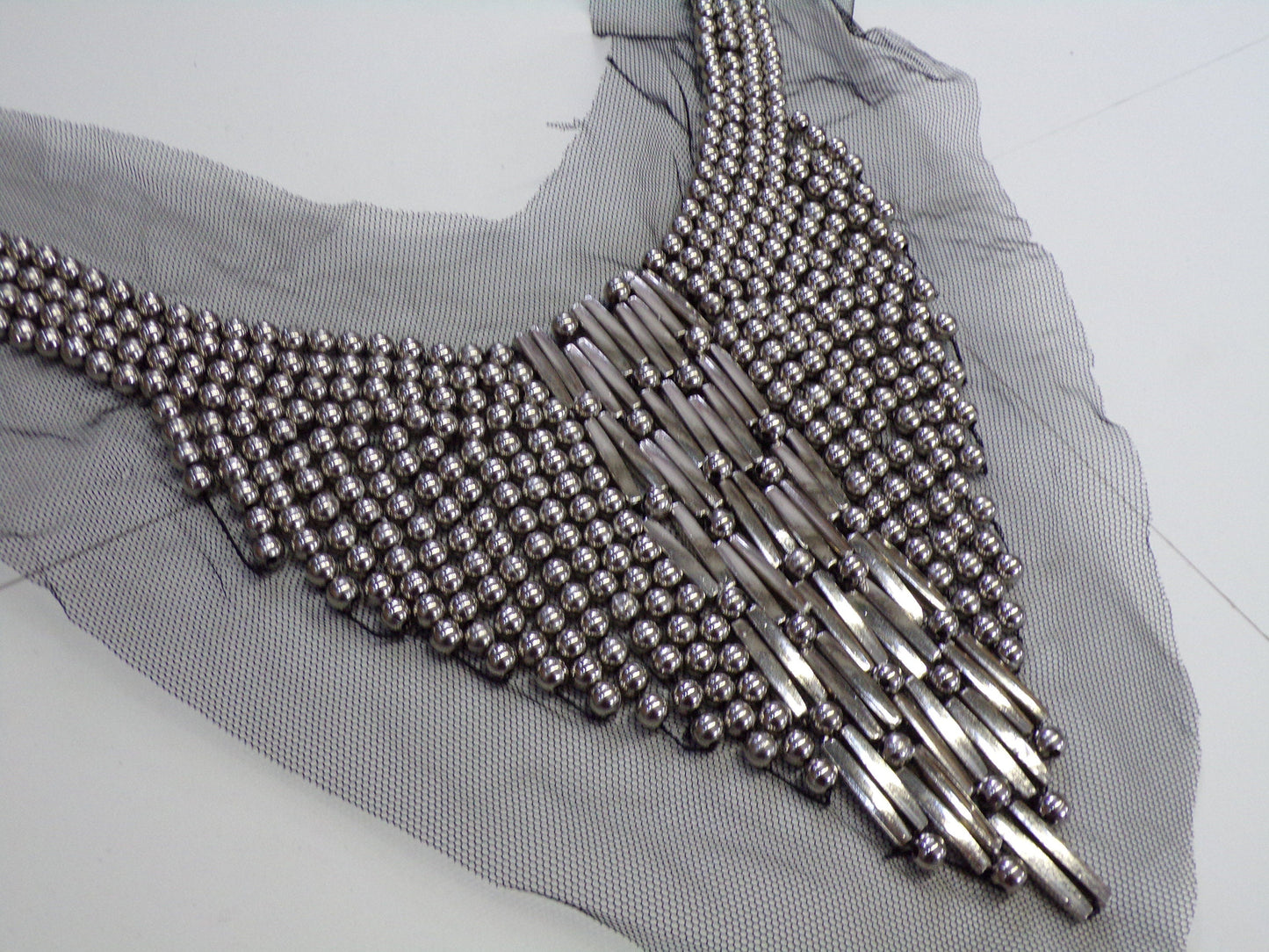 Beautiful Silver Beaded Applique, Round Neck, beaded trim, neckline, vintage trim, vintage, bead trim, neck trim,
