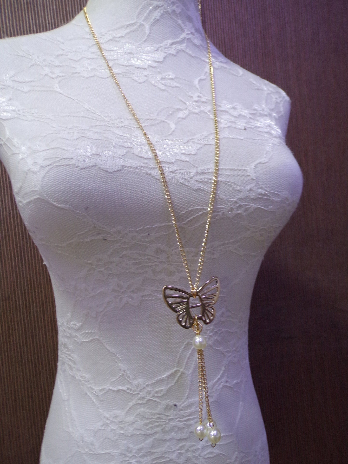 Long Gold Butterfly Necklace with beads & chain, butterfly pendant