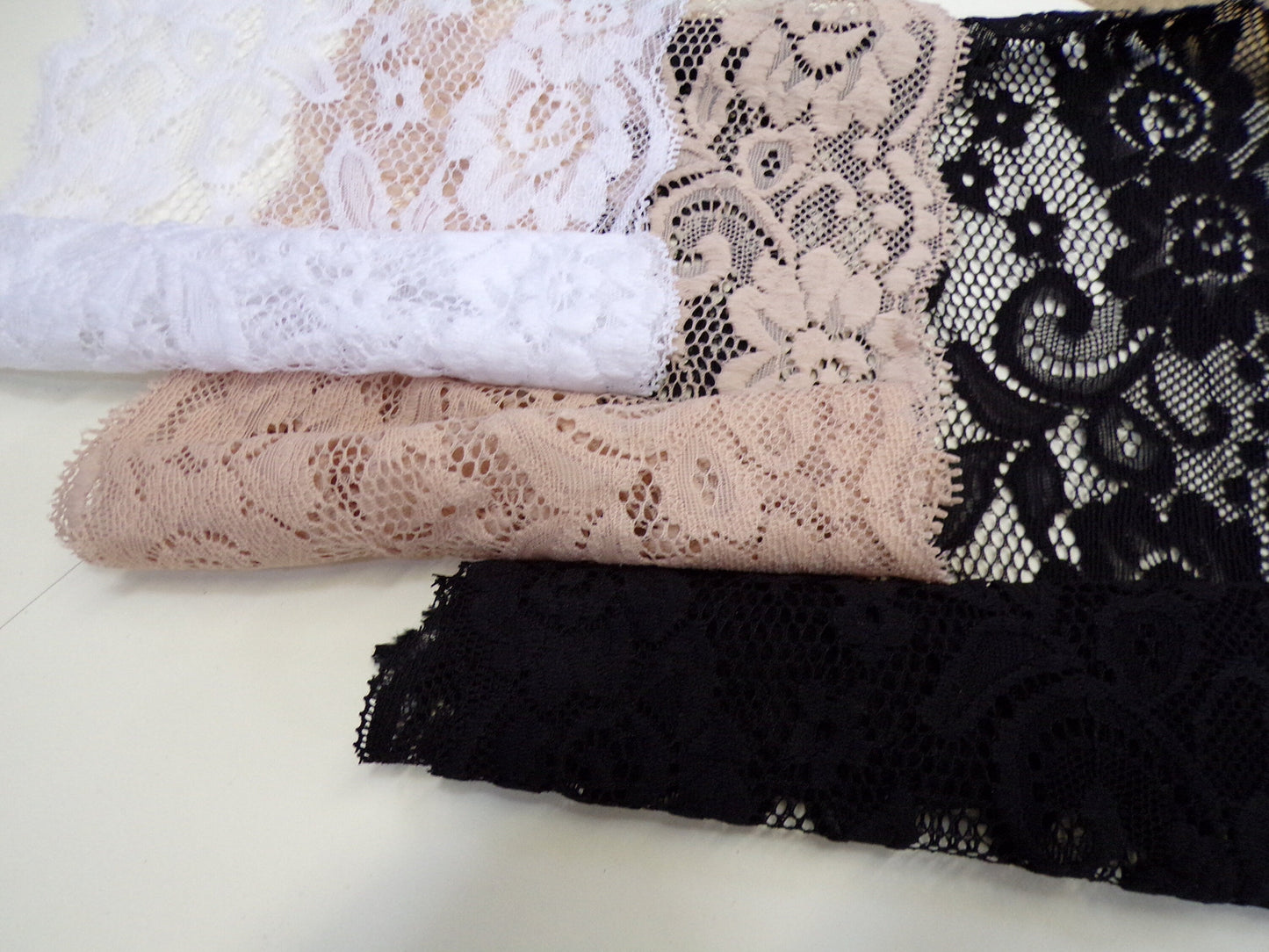 Beautiful Stretch Lace 15cm Black, White, Ivory, Stone, Stretch Lace for Underwear, Tops, Dresses, Sewing Craft, lace, soft lace