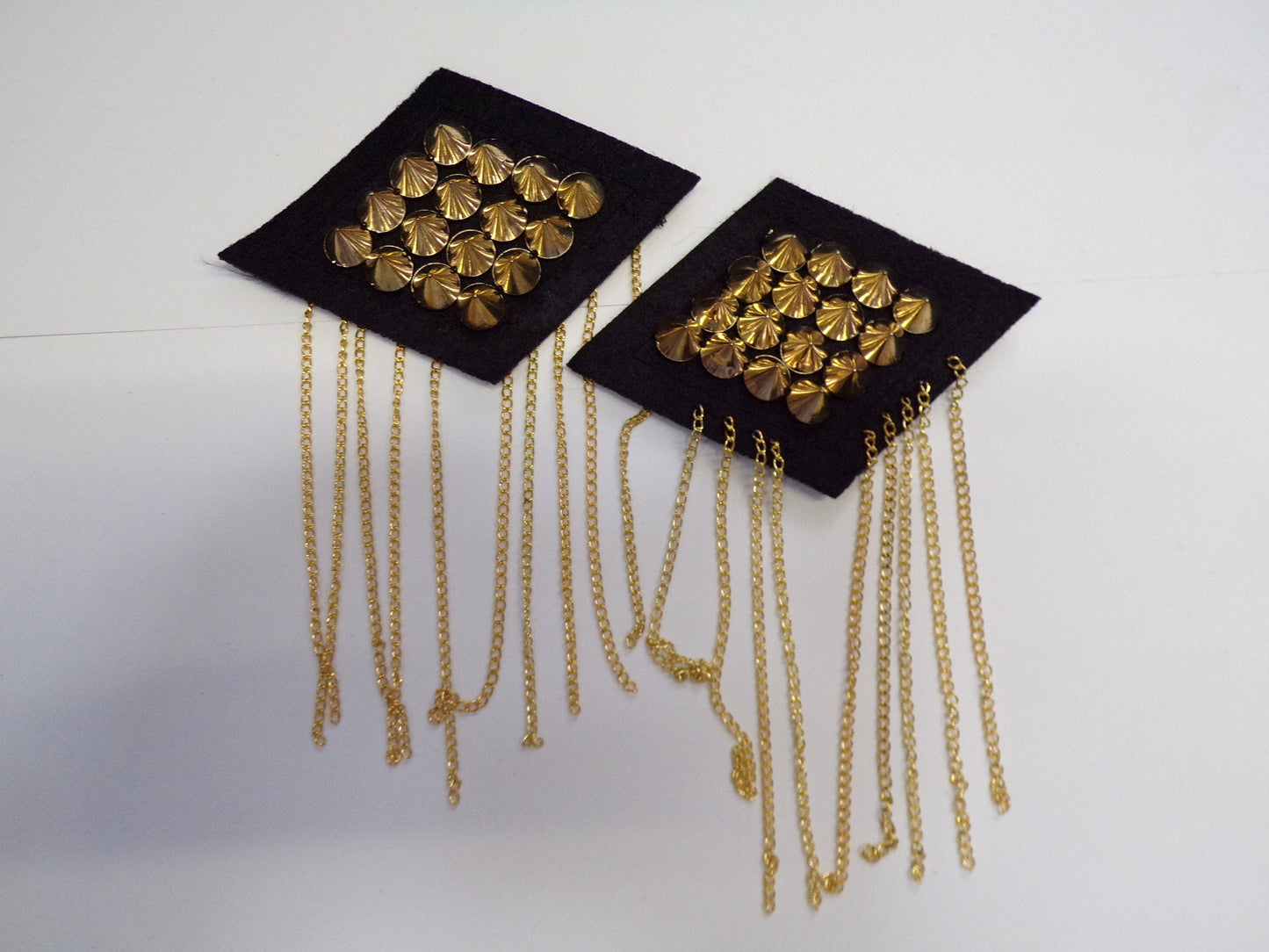 1 pair - Epaulettes with studs and chains in Gold sold as a pair, stud patch, shoulder patch, biker patch