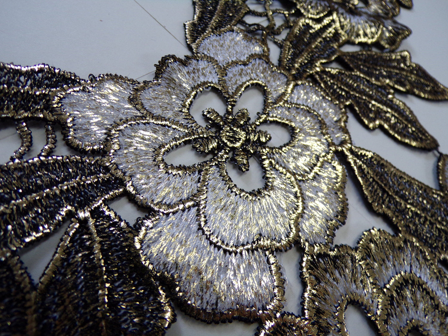 Gold Black guipure flower patch applique, neck trim, gold foil neck trim, couture trim