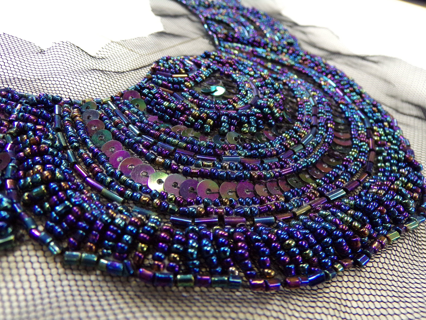 Beautiful Deep Blue Sequin Beaded Applique, Round Neck, top, dress, dancewear, decoration, sewing, craft