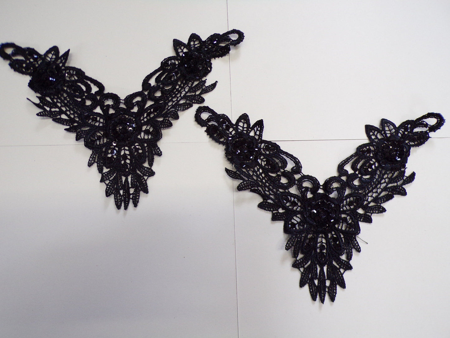 Beautiful Black Sequin Lace Applique, Round Neck, trim, appliqué, sequin appliqué.