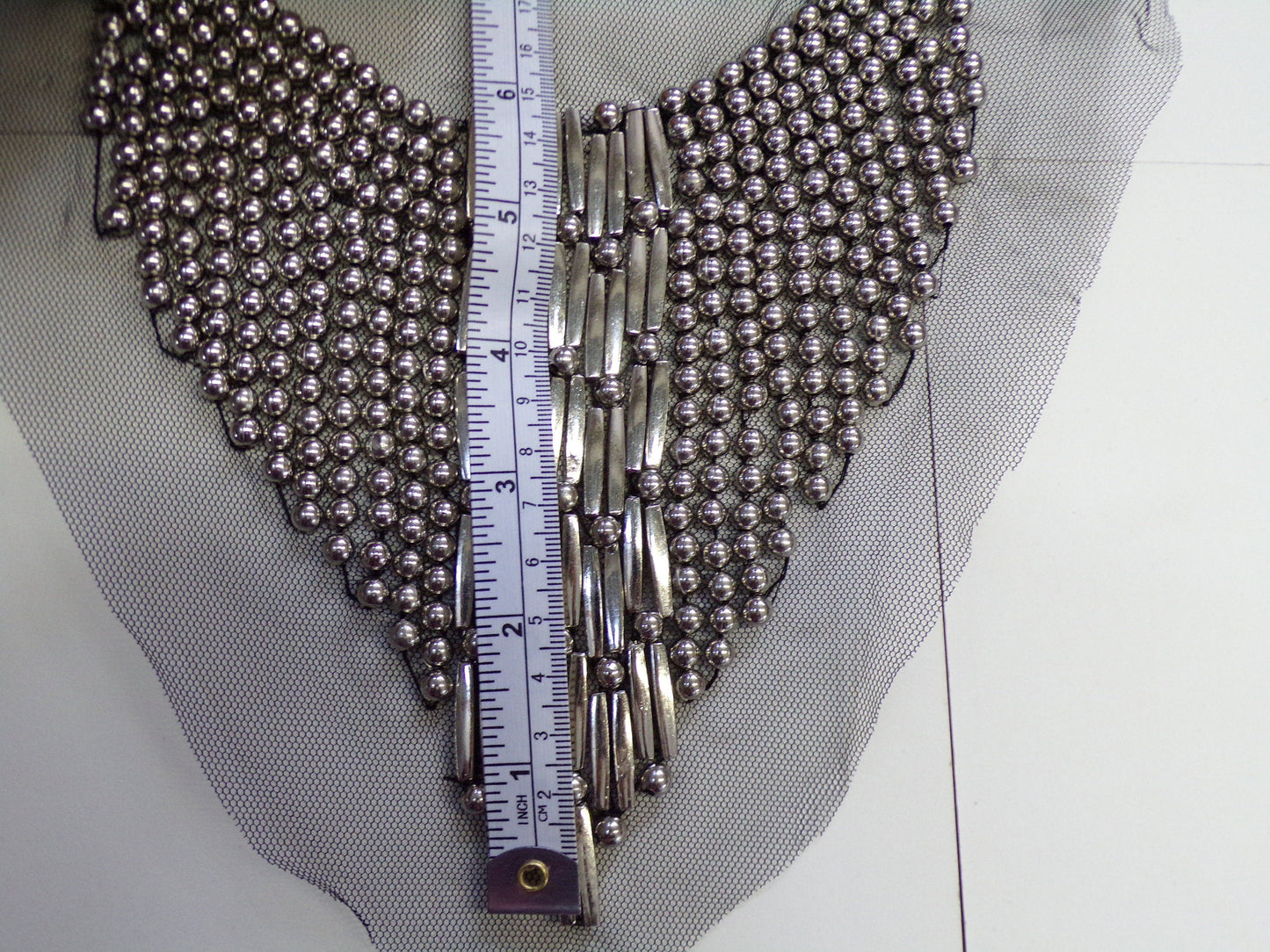 Beautiful Silver Beaded Applique, Round Neck, beaded trim, neckline, vintage trim, vintage, bead trim, neck trim,