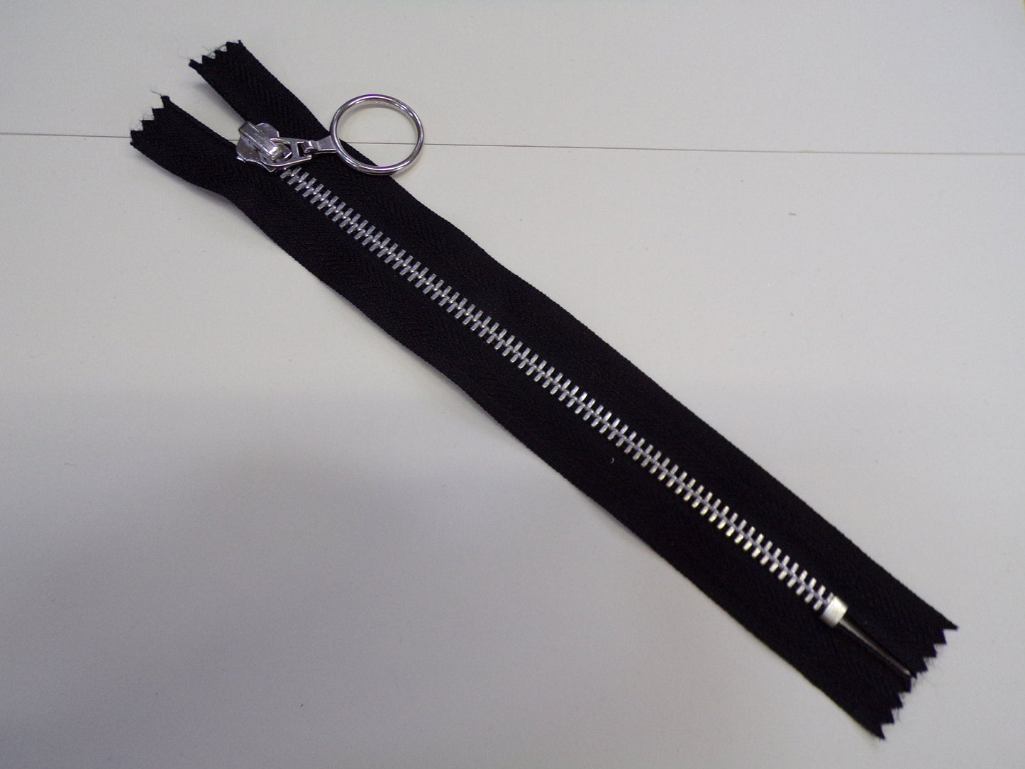 No 5 Black, Silver Metal zips, 2.5cm ring puller closed end Black tape 6", 7", 8", 10", 12”, 14" 16”, branded, zips, ring zips, metal zips