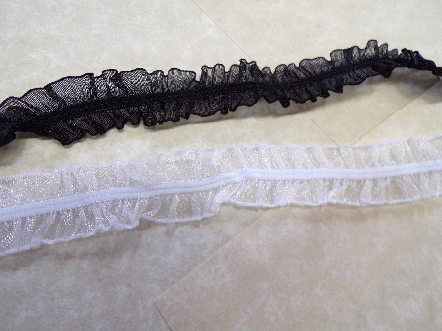 Pleated Stretch Lace Trim, Lace, Elastic, Ribbon, Black, White, 2cm wide, organza frill, elastic frill.