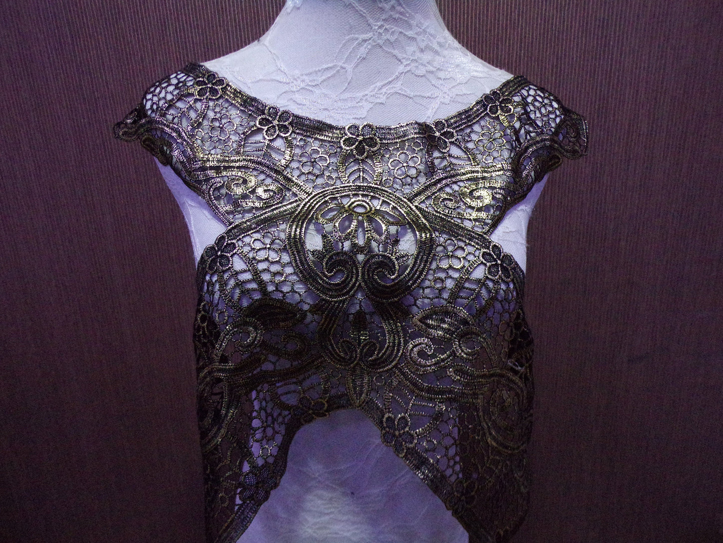 Large Exquisite Black Gold Lace Applique, large body trim, neck trim, floral appliqué, sewing patch, gold foil bodytrim
