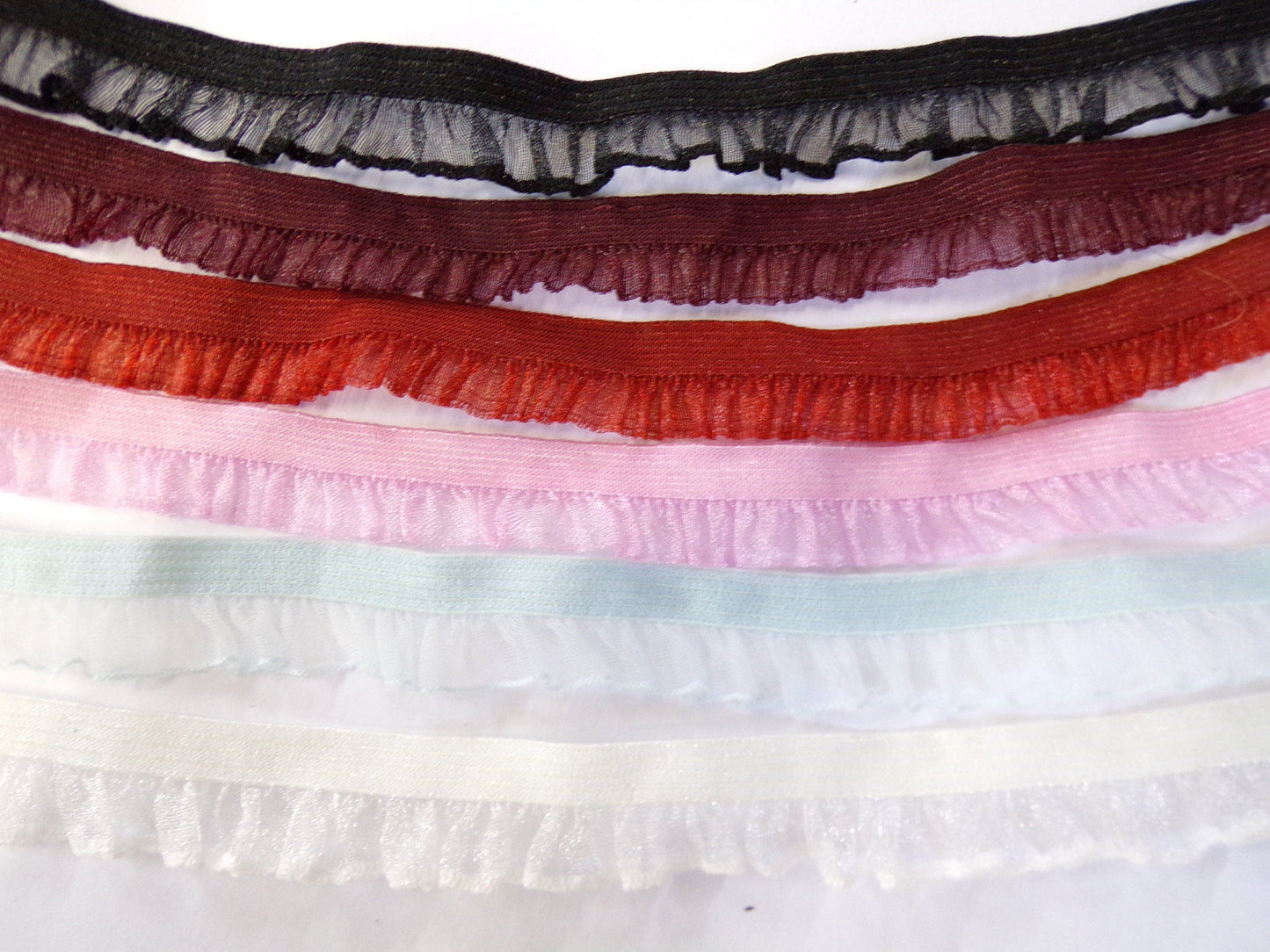 15mm Ruffle Edge Elastic, Lingerie Elastic, Organza Frill Ruffle for sewing ,lingerie, crafts, frill, organza. Frill, 10 colours
