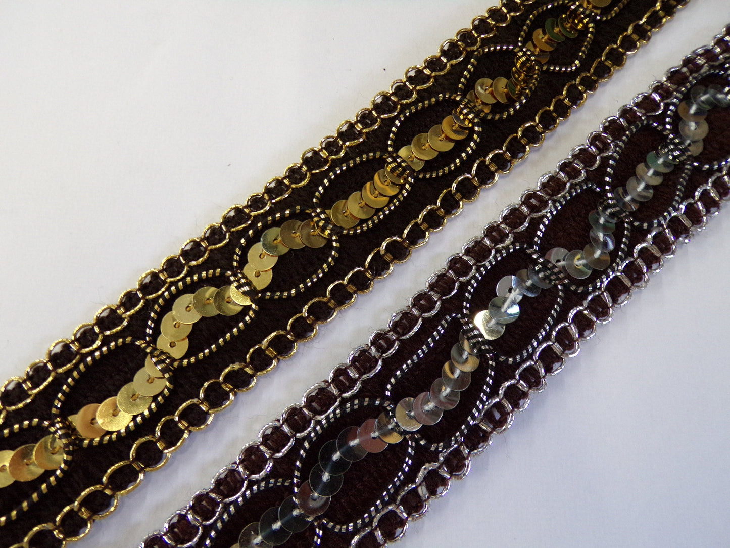 Sequins & Lurex Brown Trim, Gold Silver Trim, Rigid Tape, 12mm, for Home, Clothes, Sewing, Crafts, sequin dress trim, cake trim