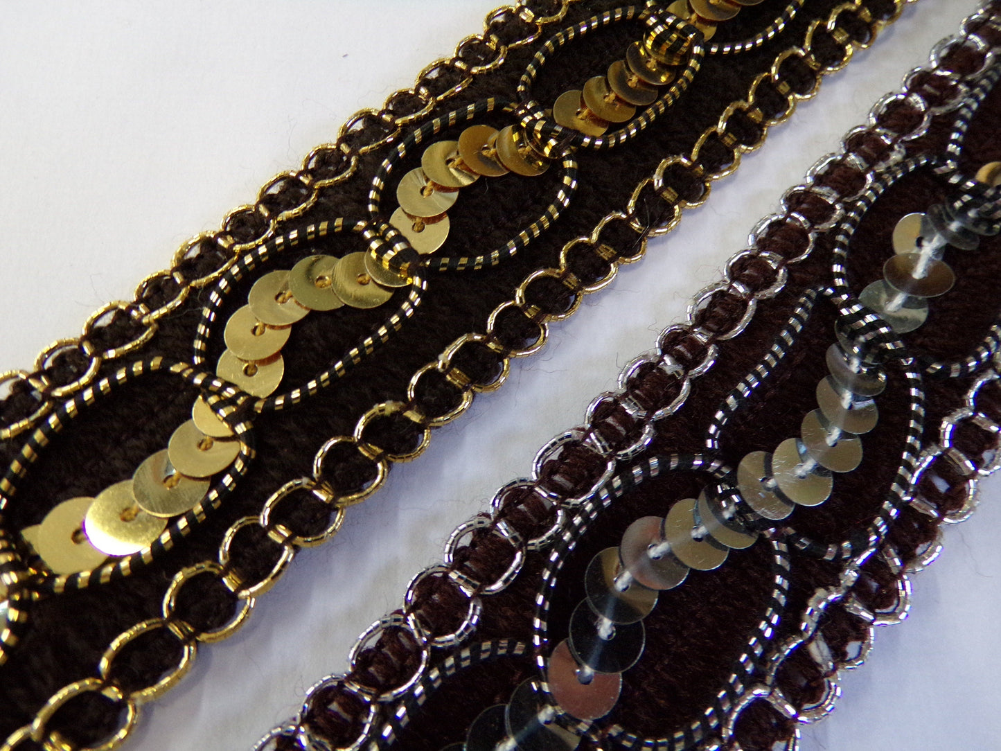 Sequins & Lurex Brown Trim, Gold Silver Trim, Rigid Tape, 12mm, for Home, Clothes, Sewing, Crafts, sequin dress trim, cake trim