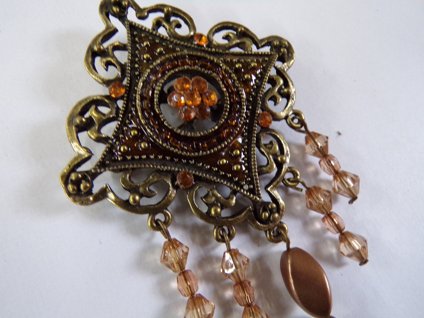 Antique Bronze Brooch, Pin Brooch, Vintage Style Brooch, Amber Coloured Crystals, brooch