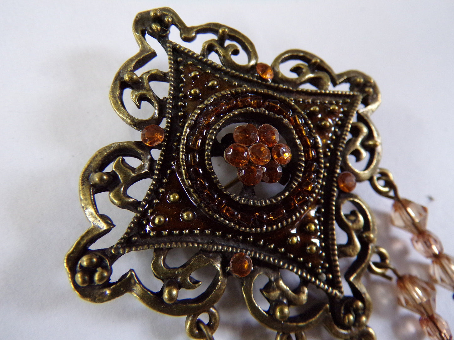 Antique Bronze Brooch, Pin Brooch, Vintage Style Brooch, Amber Coloured Crystals, brooch