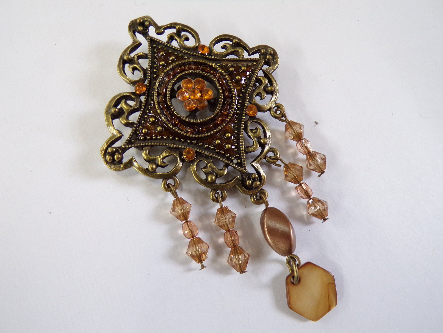 Antique Bronze Brooch, Pin Brooch, Vintage Style Brooch, Amber Coloured Crystals, brooch