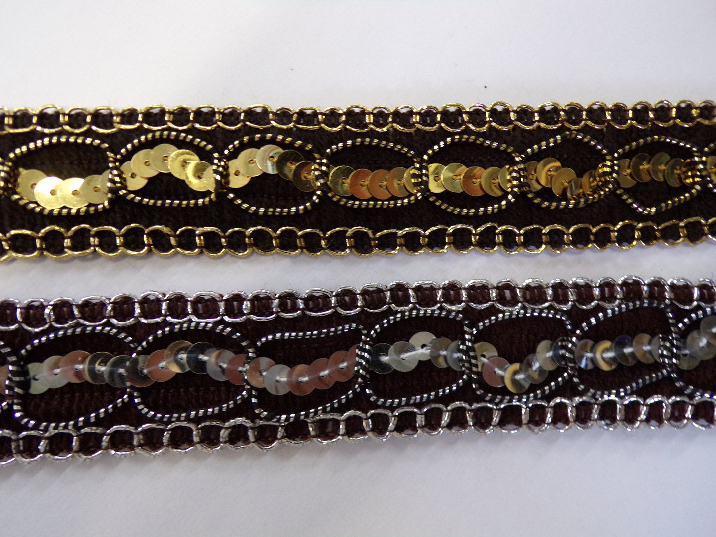 Sequins & Lurex Brown Trim, Gold Silver Trim, Rigid Tape, 12mm, for Home, Clothes, Sewing, Crafts, sequin dress trim, cake trim
