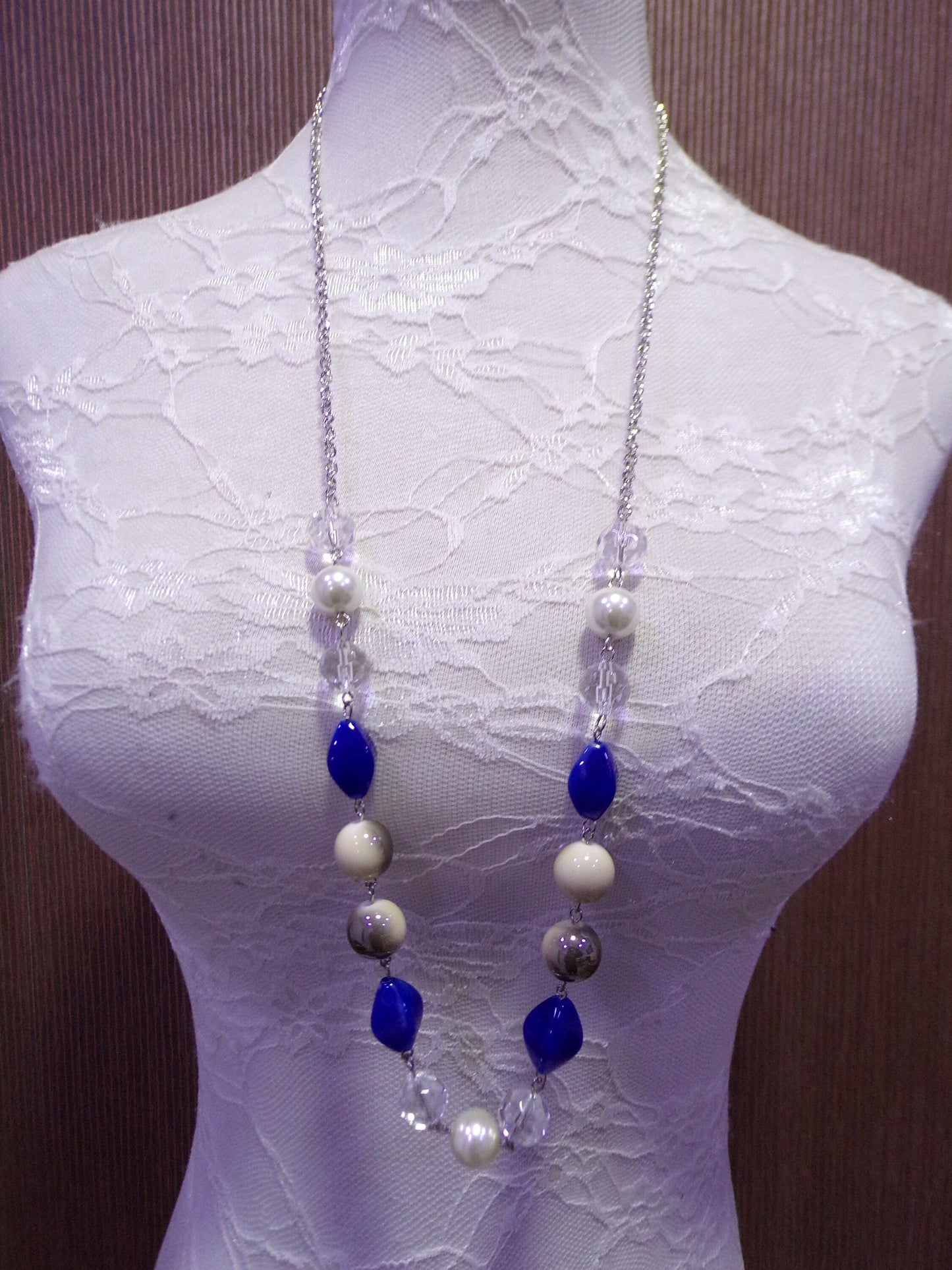 Long Silver Chain Beaded Necklace, Necklace with Blue Beads, Chain, Necklace, Jewellery.