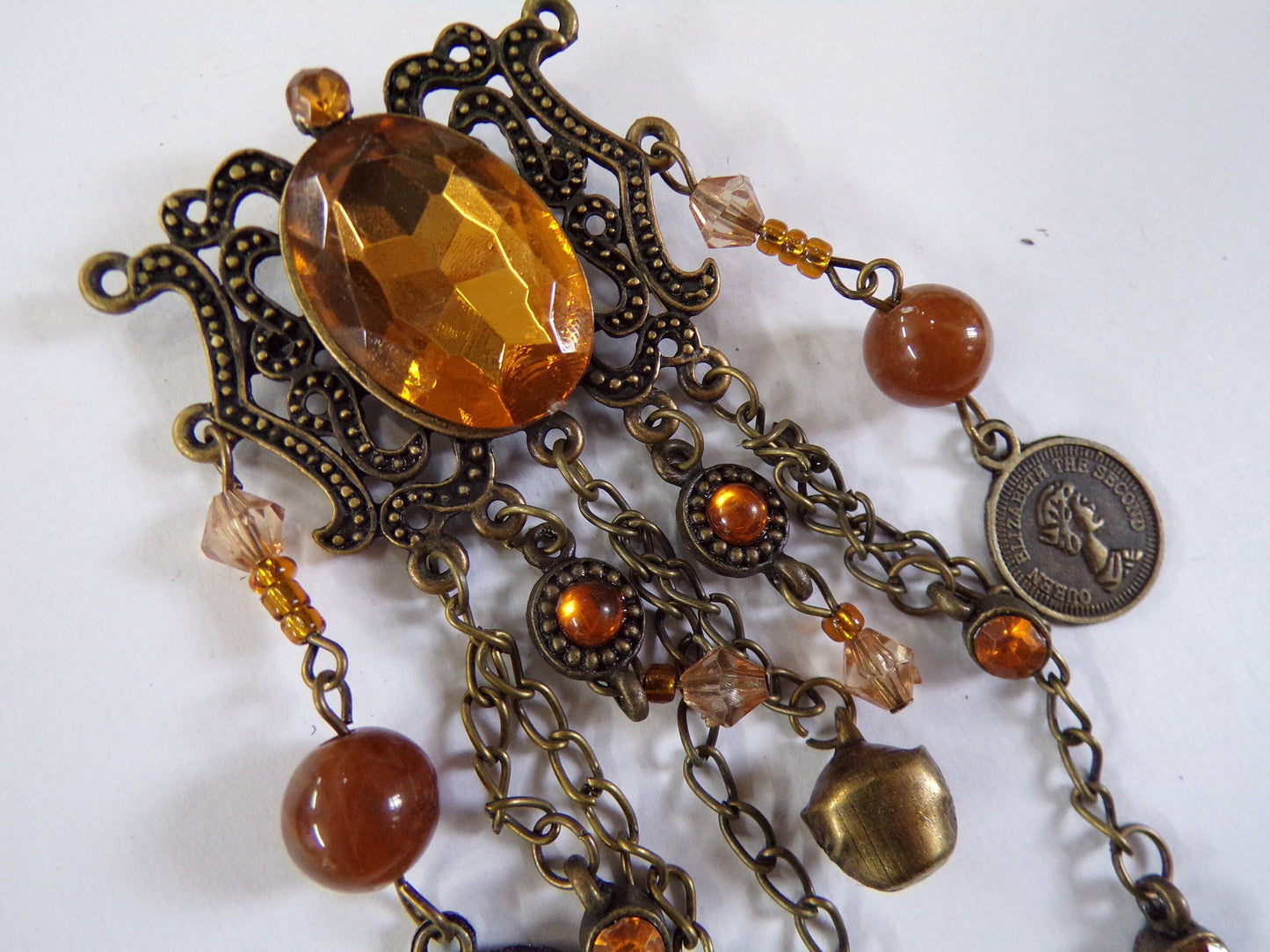 Large Brooch in Bronze tone, Costume Jewellery Brooch, Amber Bronze Crystals, Gift Vintage