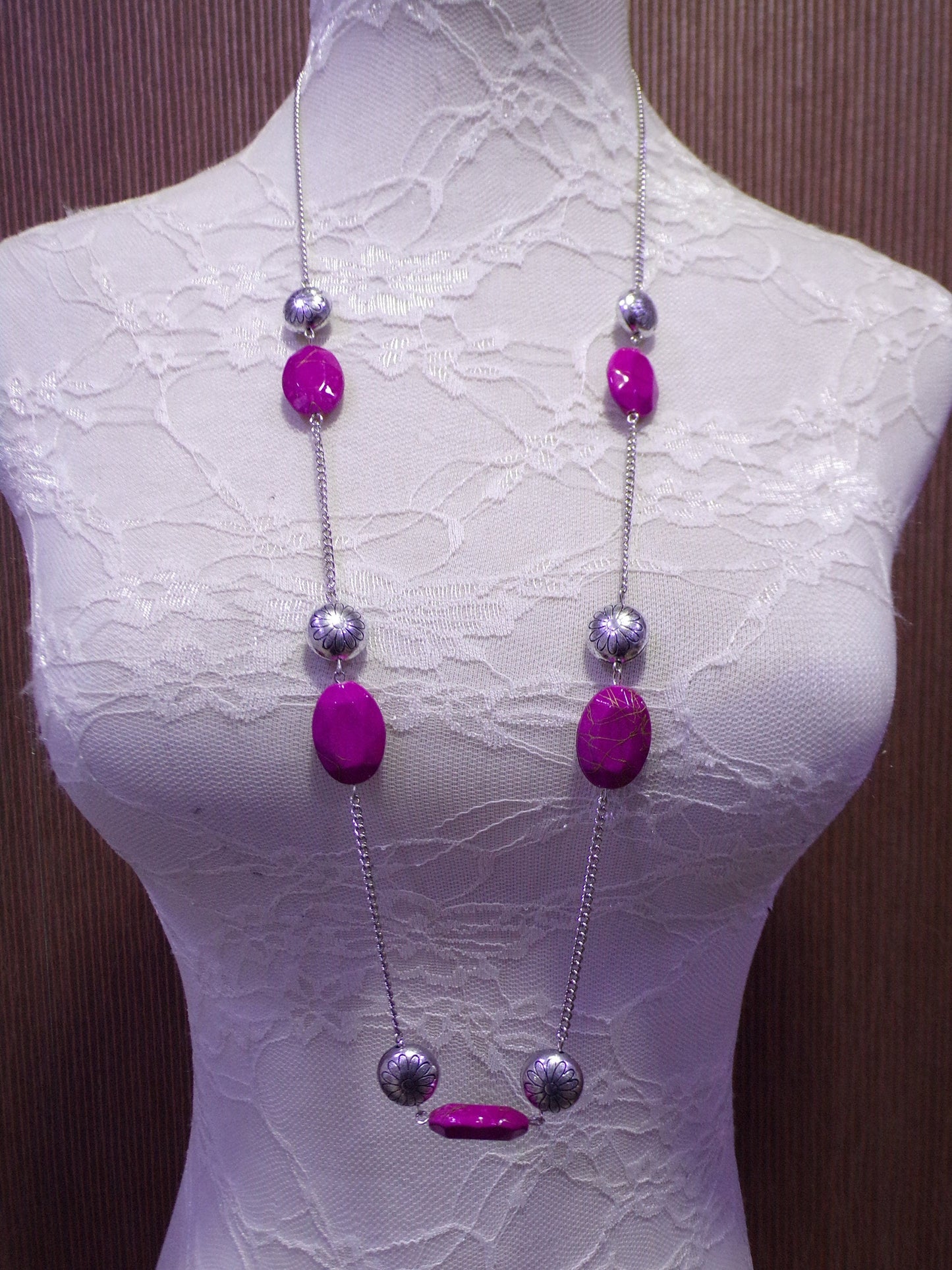Long Silver Chain Beaded Necklace, Vintage Style Necklace with Beads, Silver Chain, Necklace, Jewellery.