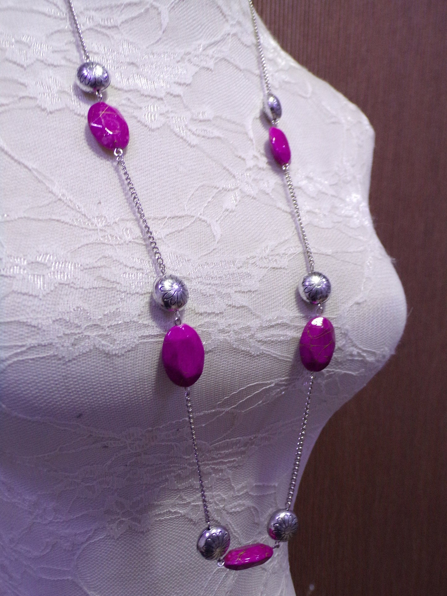 Long Silver Chain Beaded Necklace, Vintage Style Necklace with Beads, Silver Chain, Necklace, Jewellery.