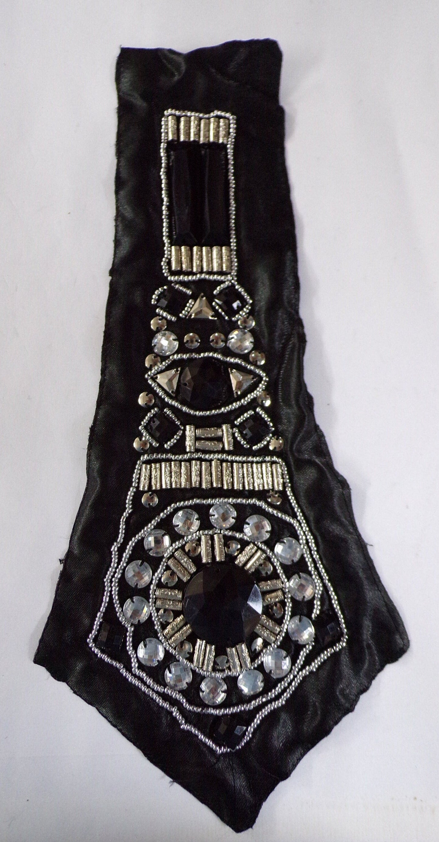 Large Satin Beaded Applique, Embroidered Applique, Large Neck Trim, Neck trim, Sewing Patch, Boho trim, Vintage Style Trim