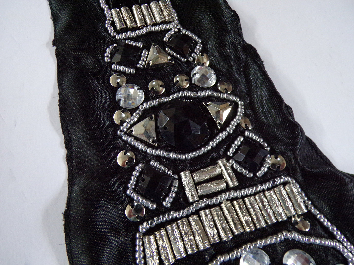 Large Satin Beaded Applique, Embroidered Applique, Large Neck Trim, Neck trim, Sewing Patch, Boho trim, Vintage Style Trim