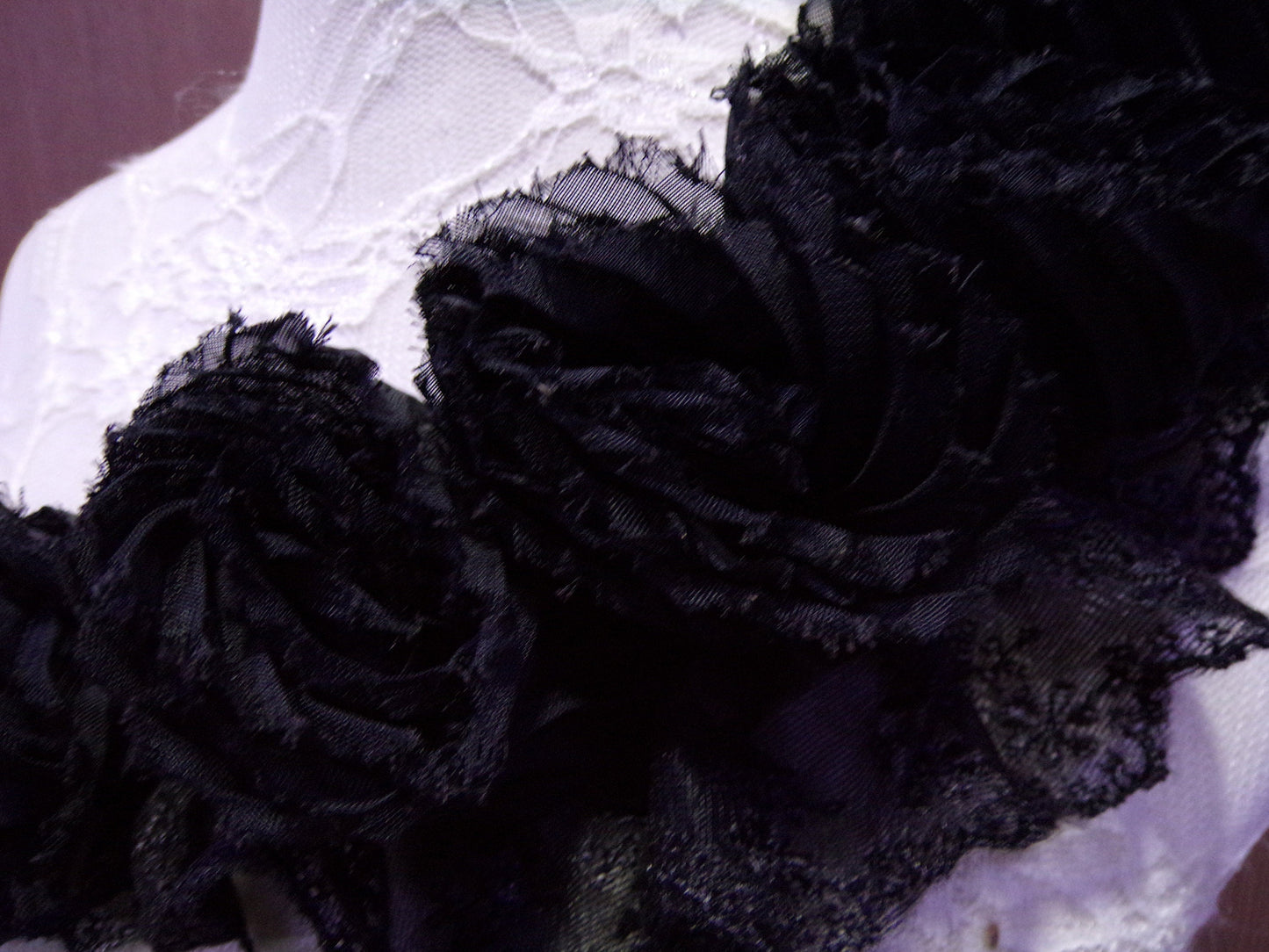Black Chiffon Roses Applique, Rose Mesh Neck Trim, Large Neck Trim for Tops, Dresses, Dancewear, Ruffle, corsage, flower