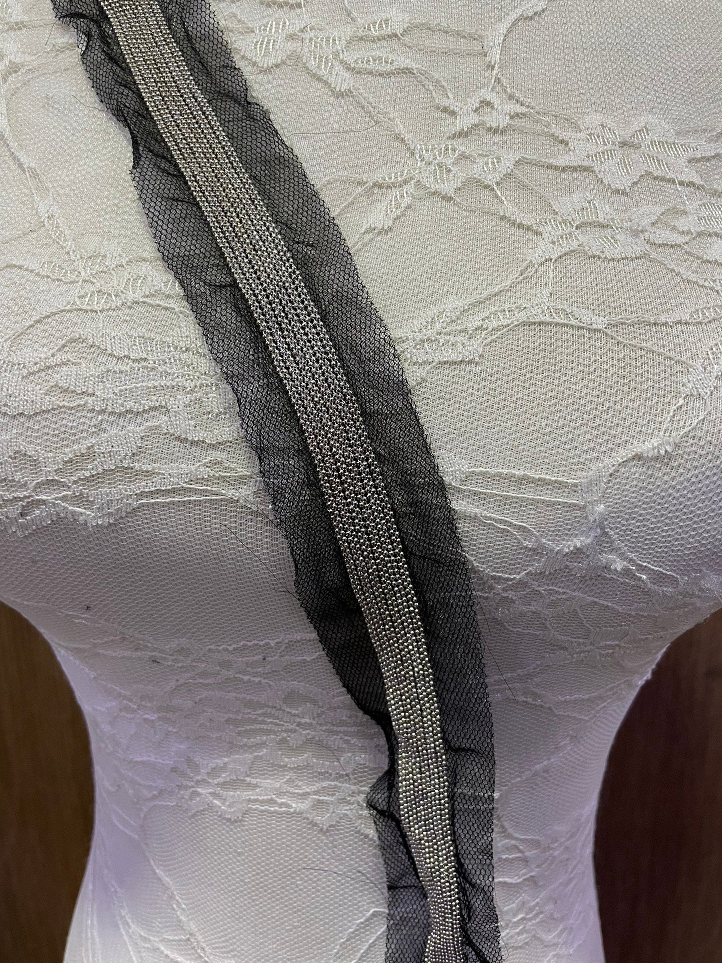 Silver beaded trim on mesh, bead trim, embellishment