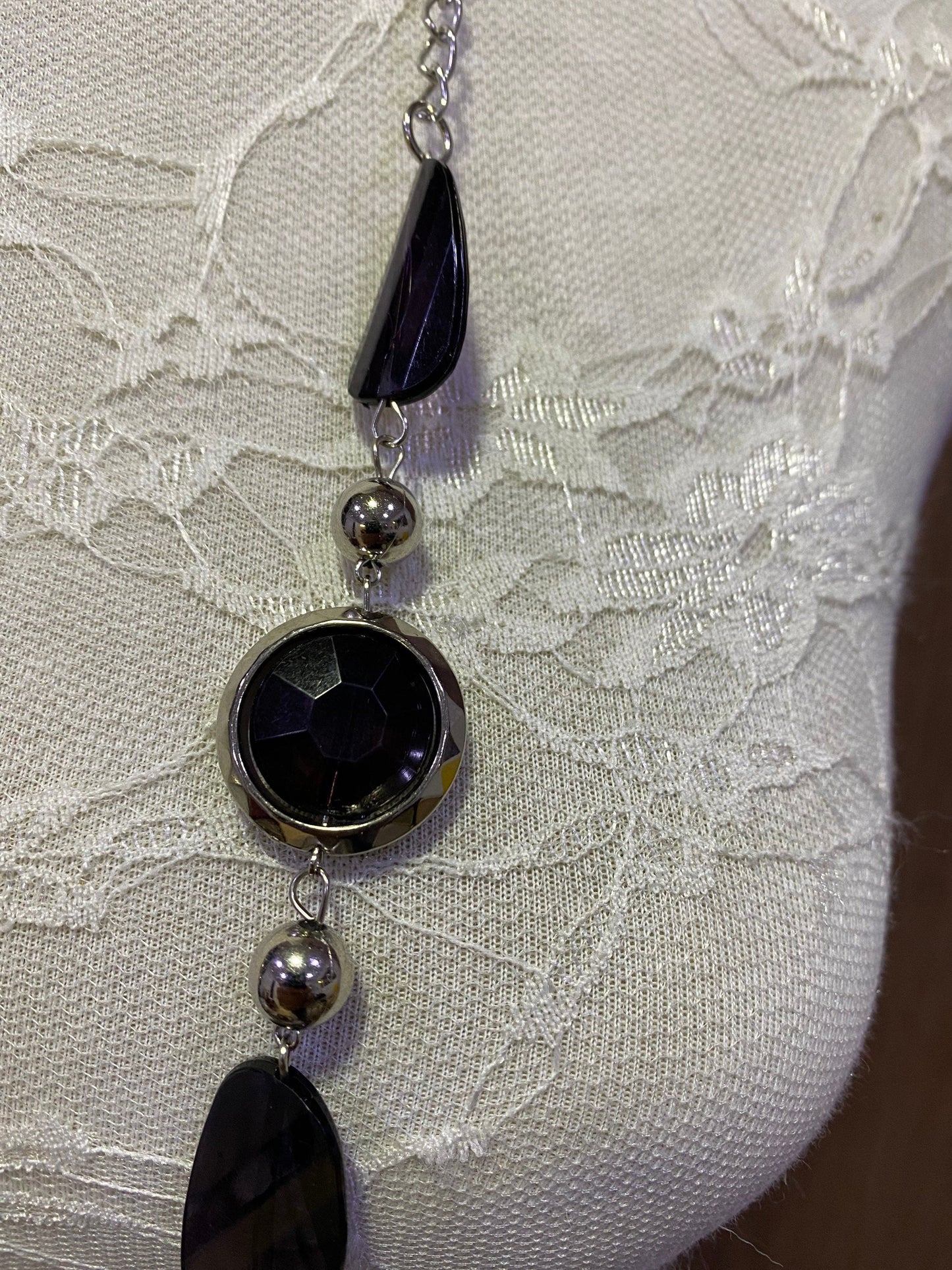 Beaded necklace, black silver necklace