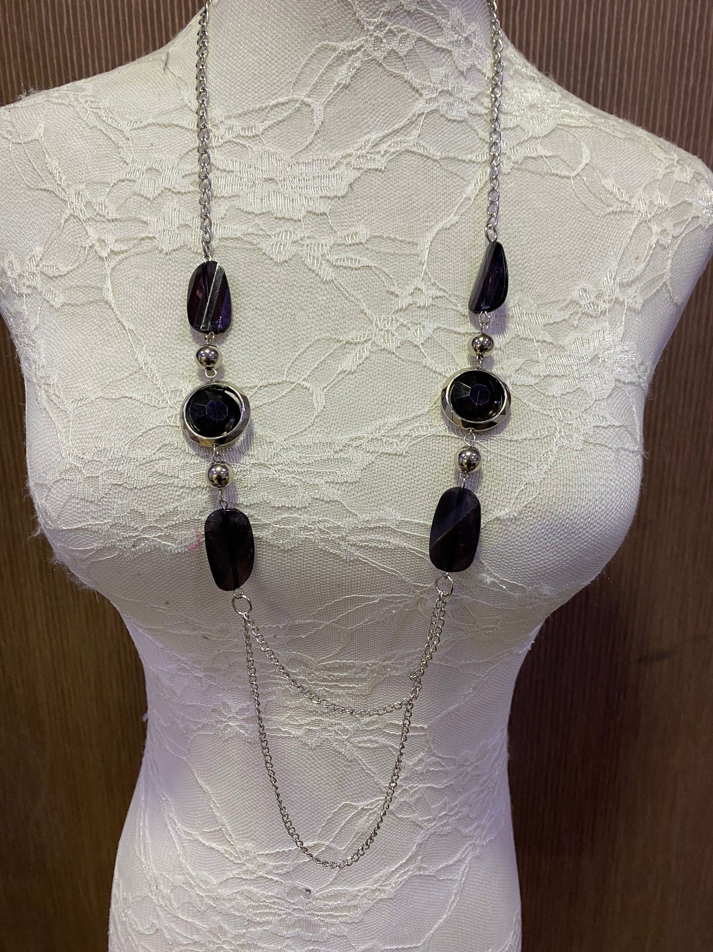 Beaded necklace, black silver necklace