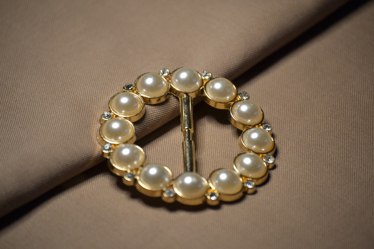 Round Pearl with diamante buckle, vintage buckle, gold buckle, dress buckle, pearl buckle