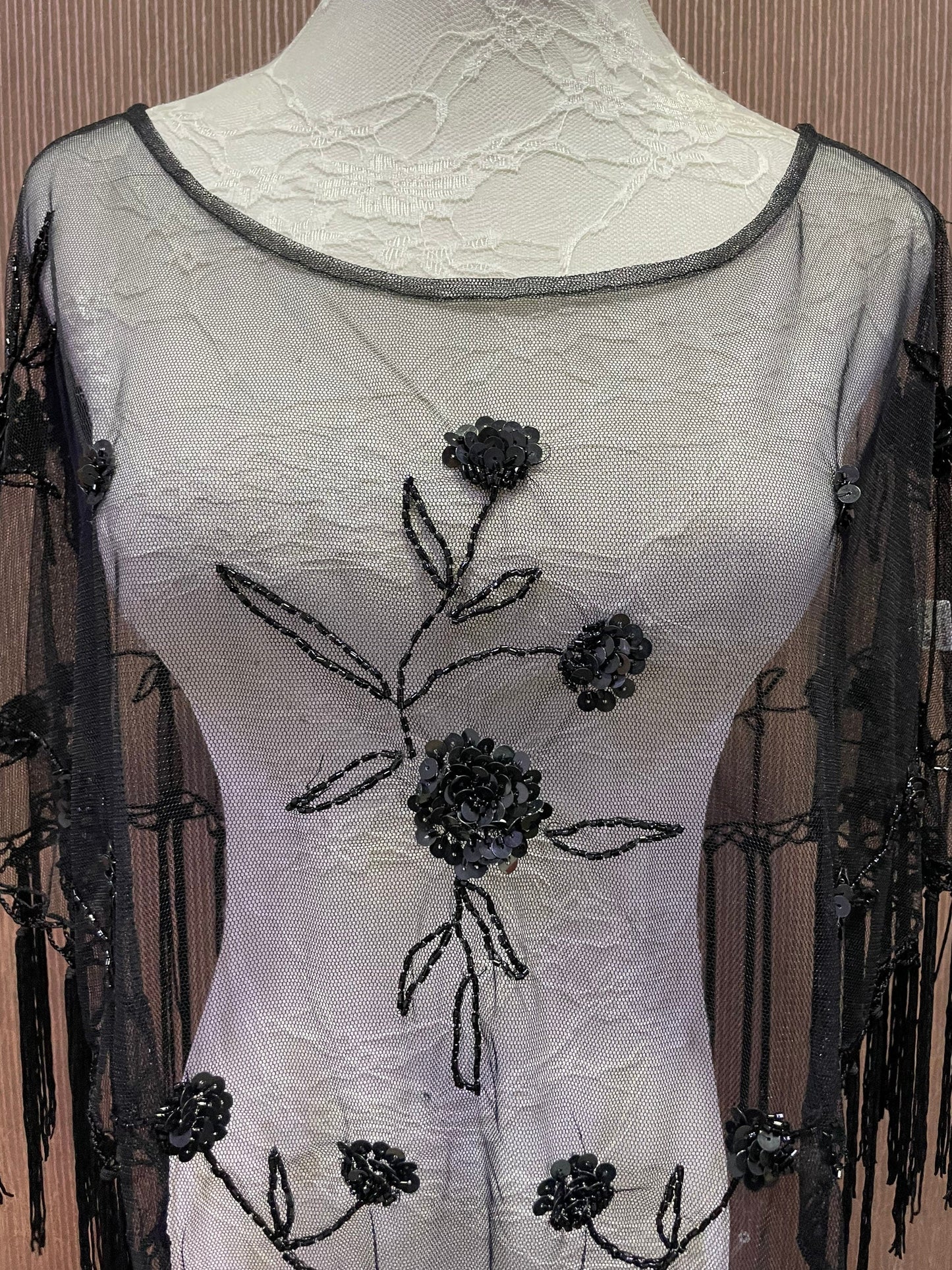 Swimwear, festival, mesh poncho, sequin coverup, sequin and fringe top