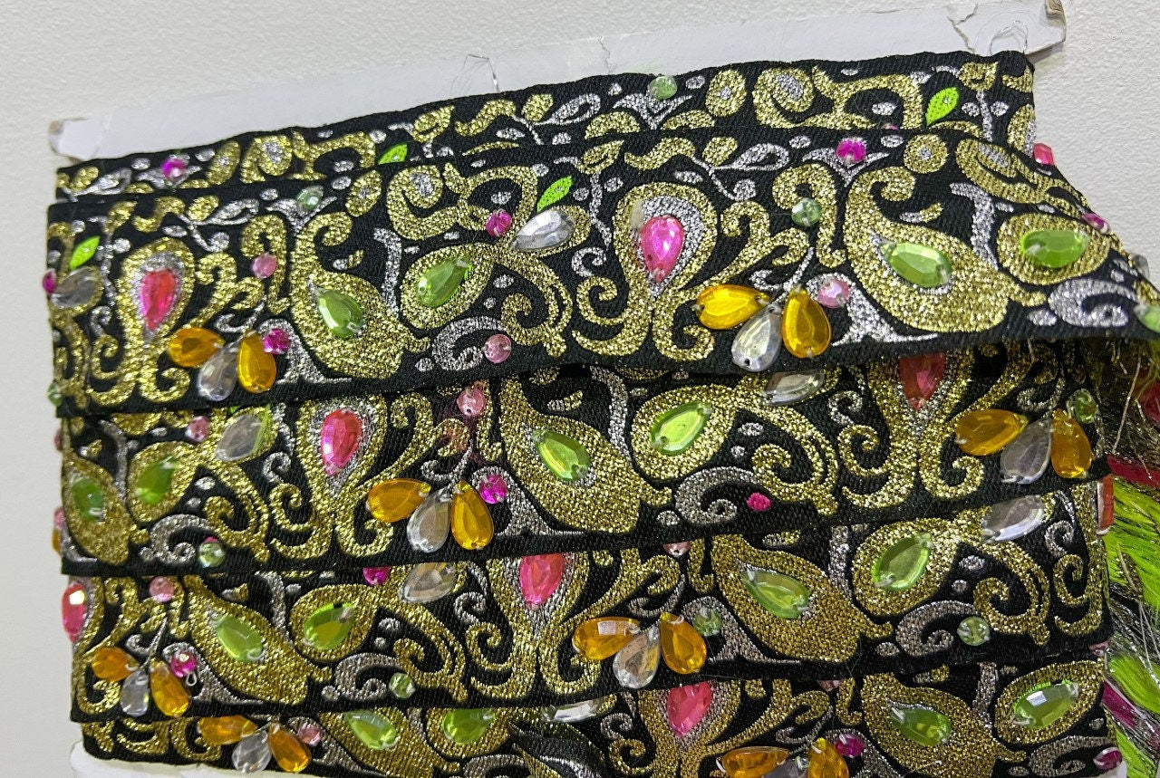 Embroidered Glittery Florals with Diamante Beaded Trim, Embroidered Trim, Floral Ribbon, Beaded Trim, couture tape