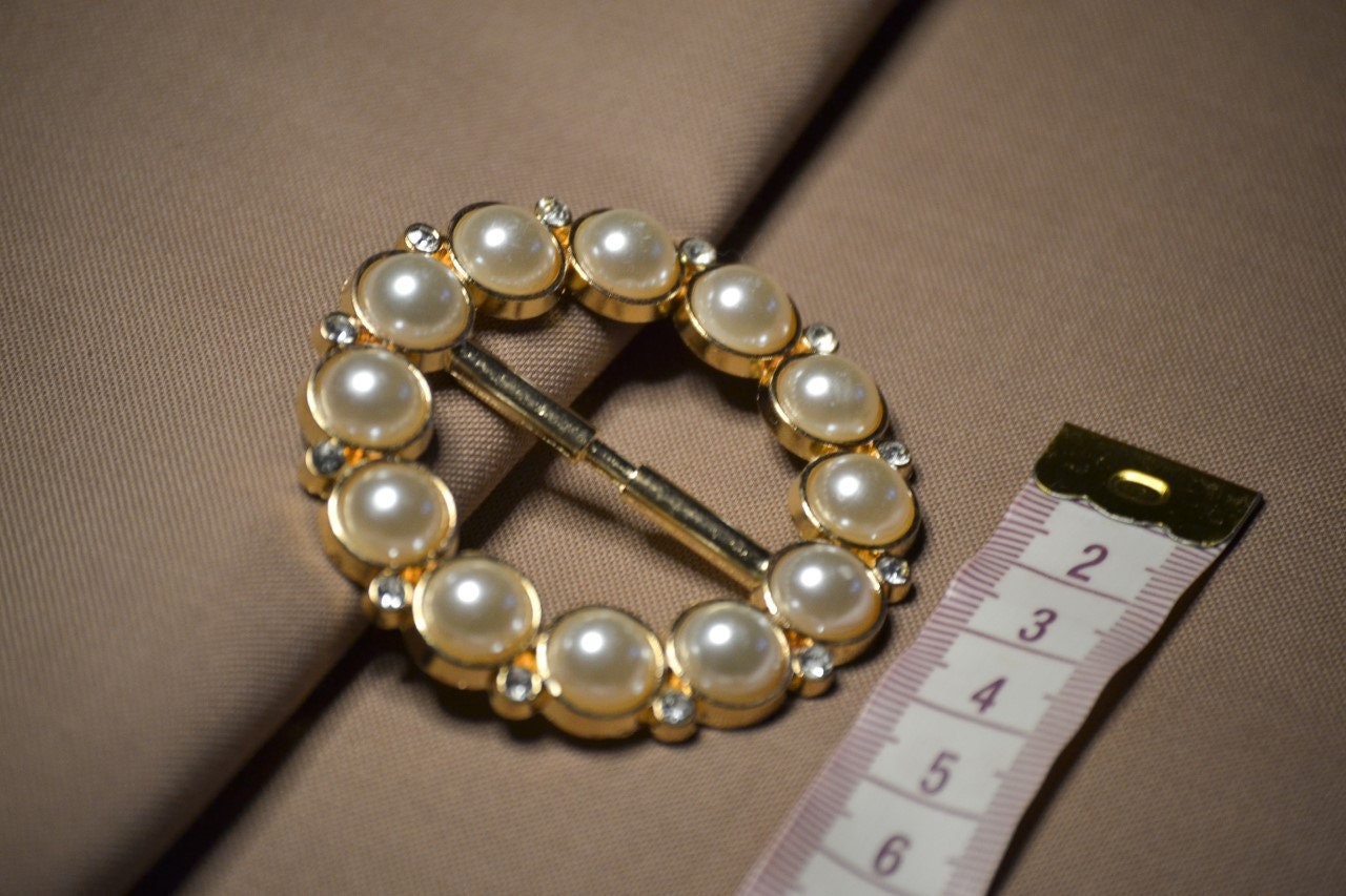 Round Pearl with diamante buckle, vintage buckle, gold buckle, dress buckle, pearl buckle