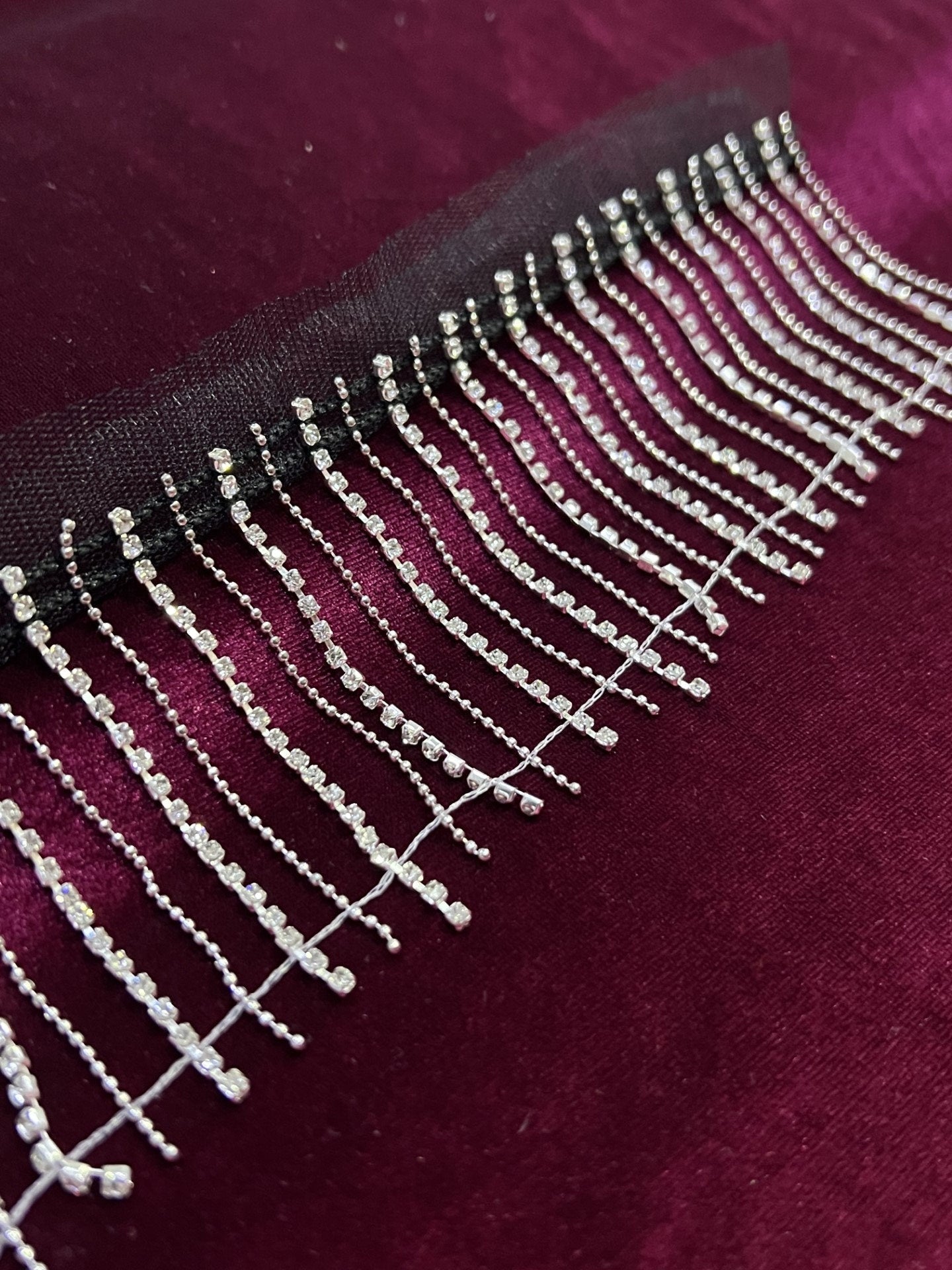 8cm Diamante Fringe with Chain pattern with a black net, Diamante Fringe, Rhinestone Fringe, Fringe, Diamanté, Rhinestone Tassel, tassel