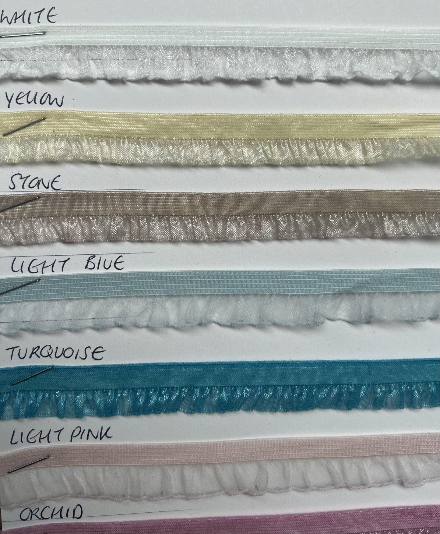 15mm Ruffle Edge Elastic, Lingerie Elastic, Organza Frill Ruffle for sewing ,lingerie, crafts, frill, organza. Frill, 10 colours