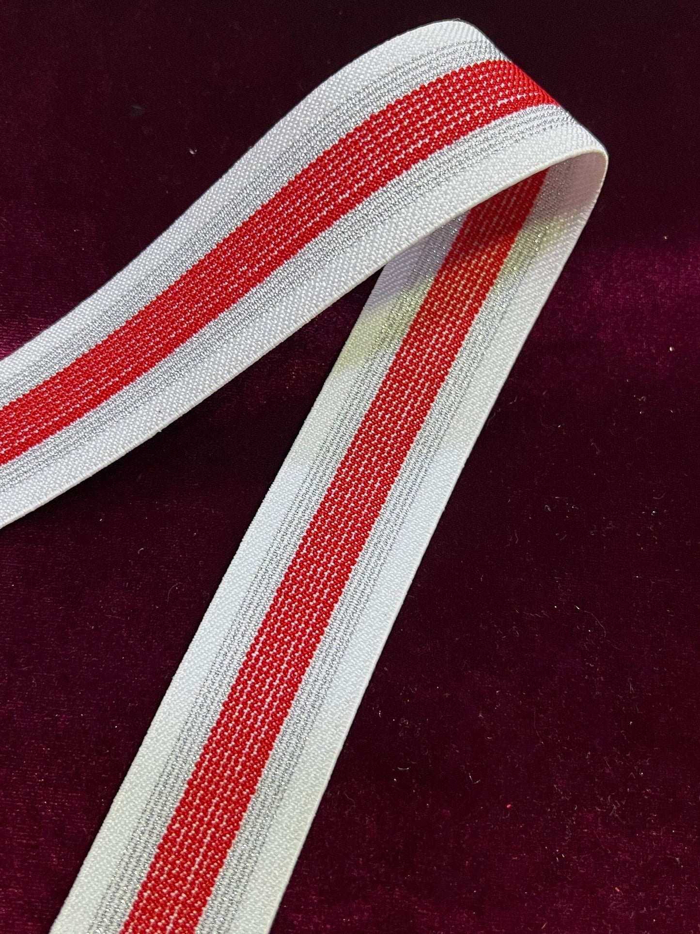 3.7cm White/ Red with silver Lurex Elastic Tape, white elastic, white /red elastic tape, stripe elastic,