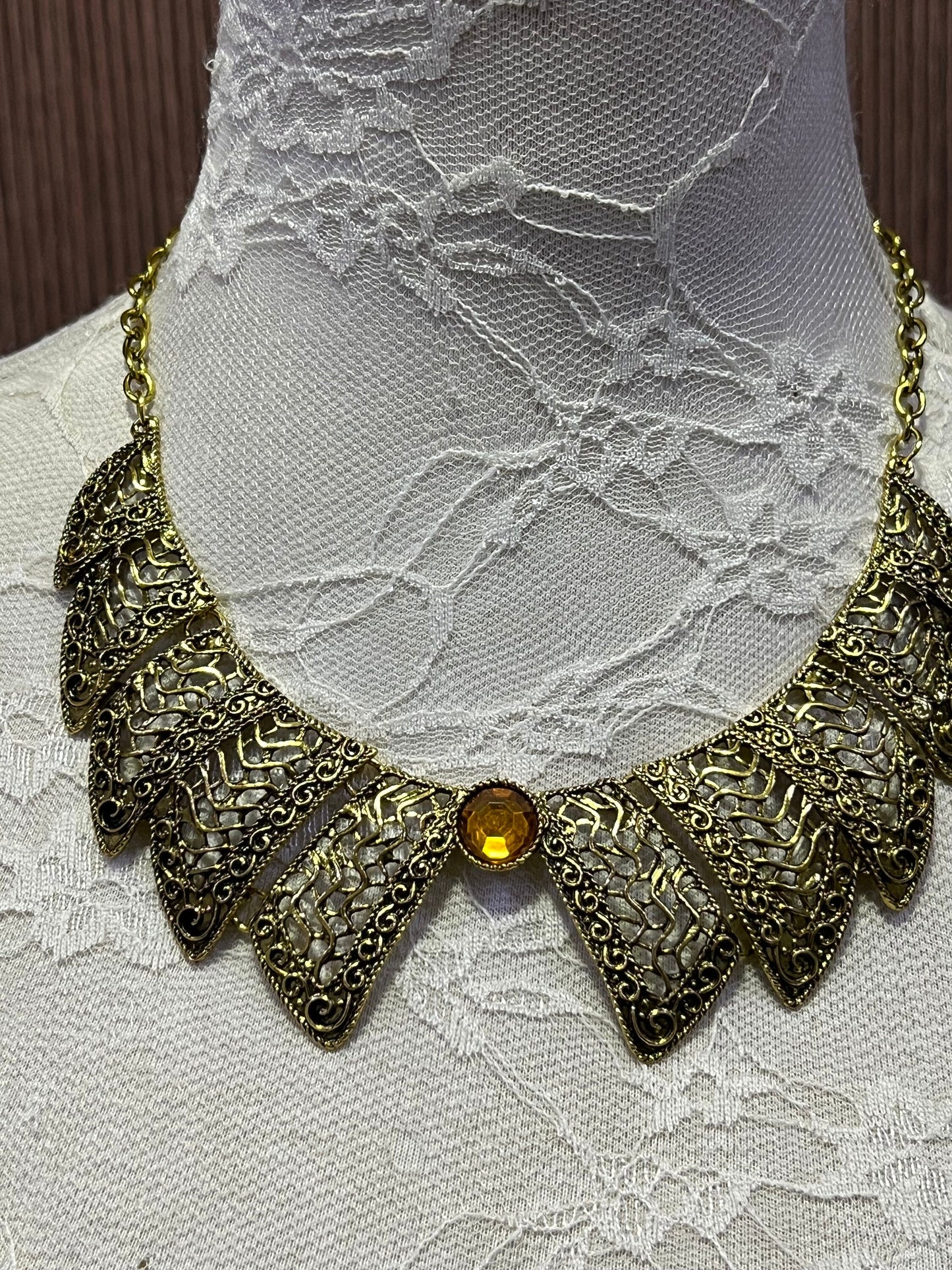 Gold Metal plated necklace with decorative pattern, Plated Necklace, Metal plated necklace, Aztec Necklace, Costume, Aztec Style