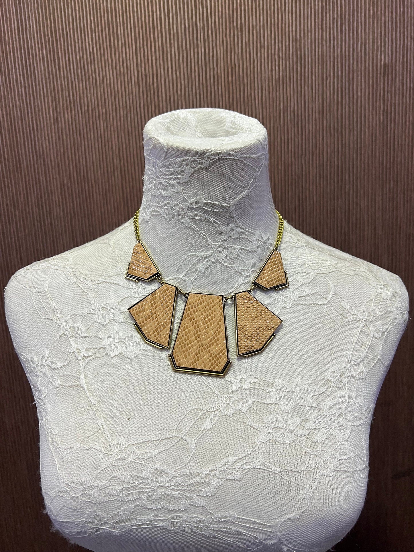Lightweight Metal Plated Necklace with faux leather on the plate, faux leather necklace, Aztec necklace, plated necklace, chest necklace