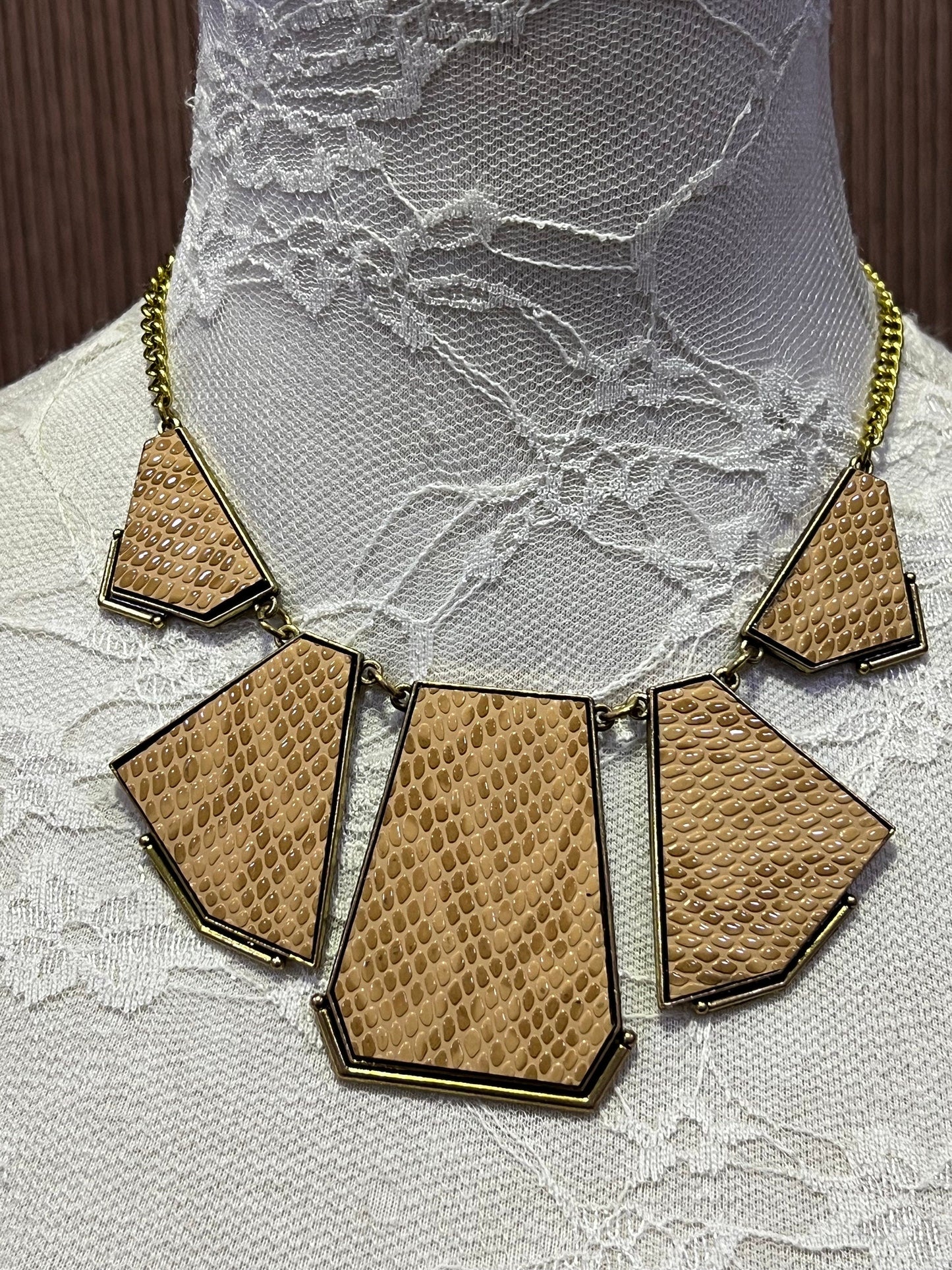 Lightweight Metal Plated Necklace with faux leather on the plate, faux leather necklace, Aztec necklace, plated necklace, chest necklace