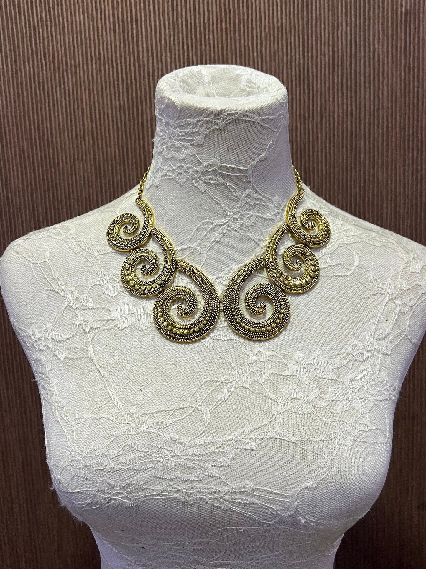 Gold Metal plated necklace with decorative spiral, Plated Necklace, Metal plated necklace, Aztec Necklace, Costume, Aztec Style