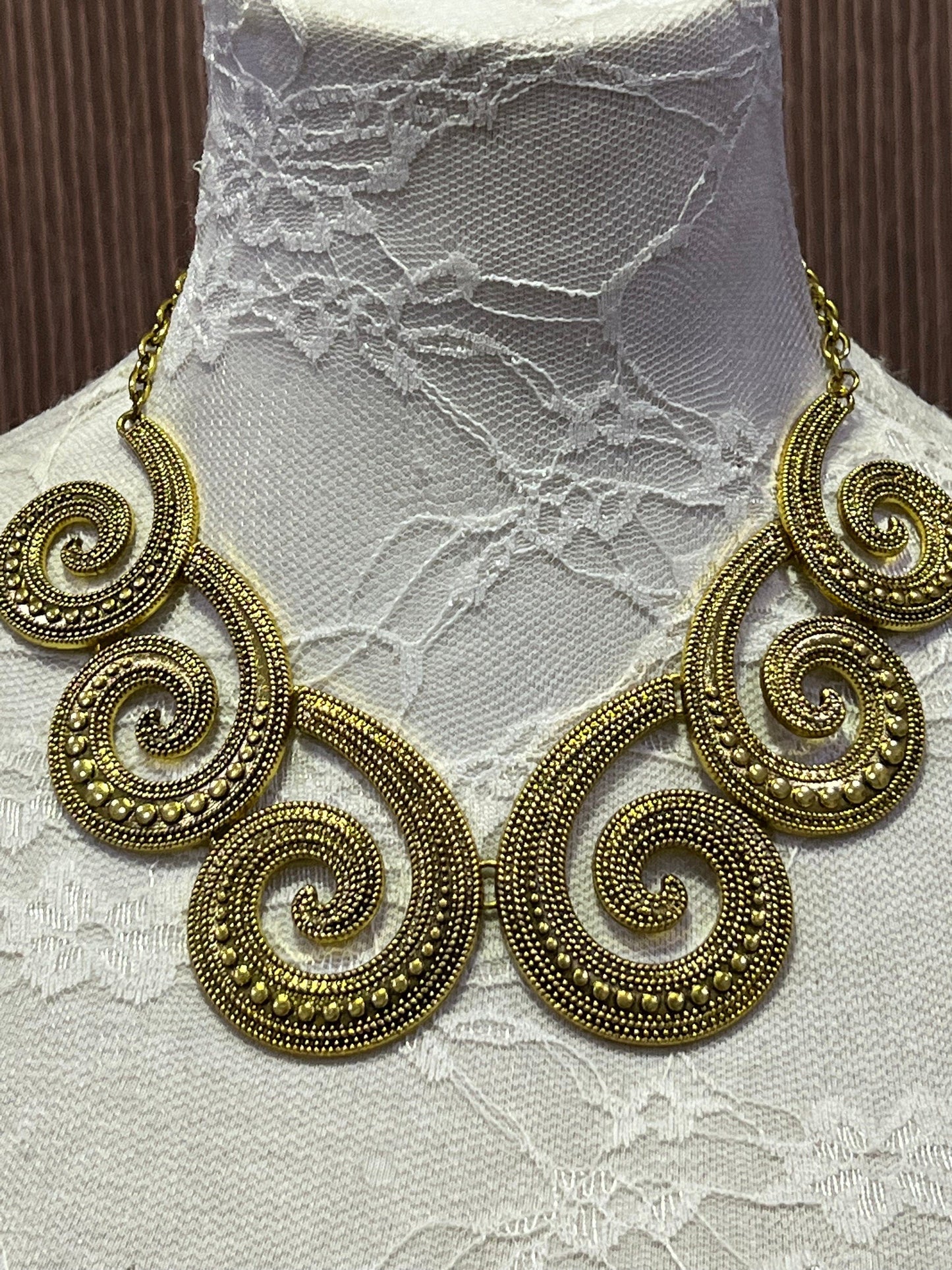 Gold Metal plated necklace with decorative spiral, Plated Necklace, Metal plated necklace, Aztec Necklace, Costume, Aztec Style