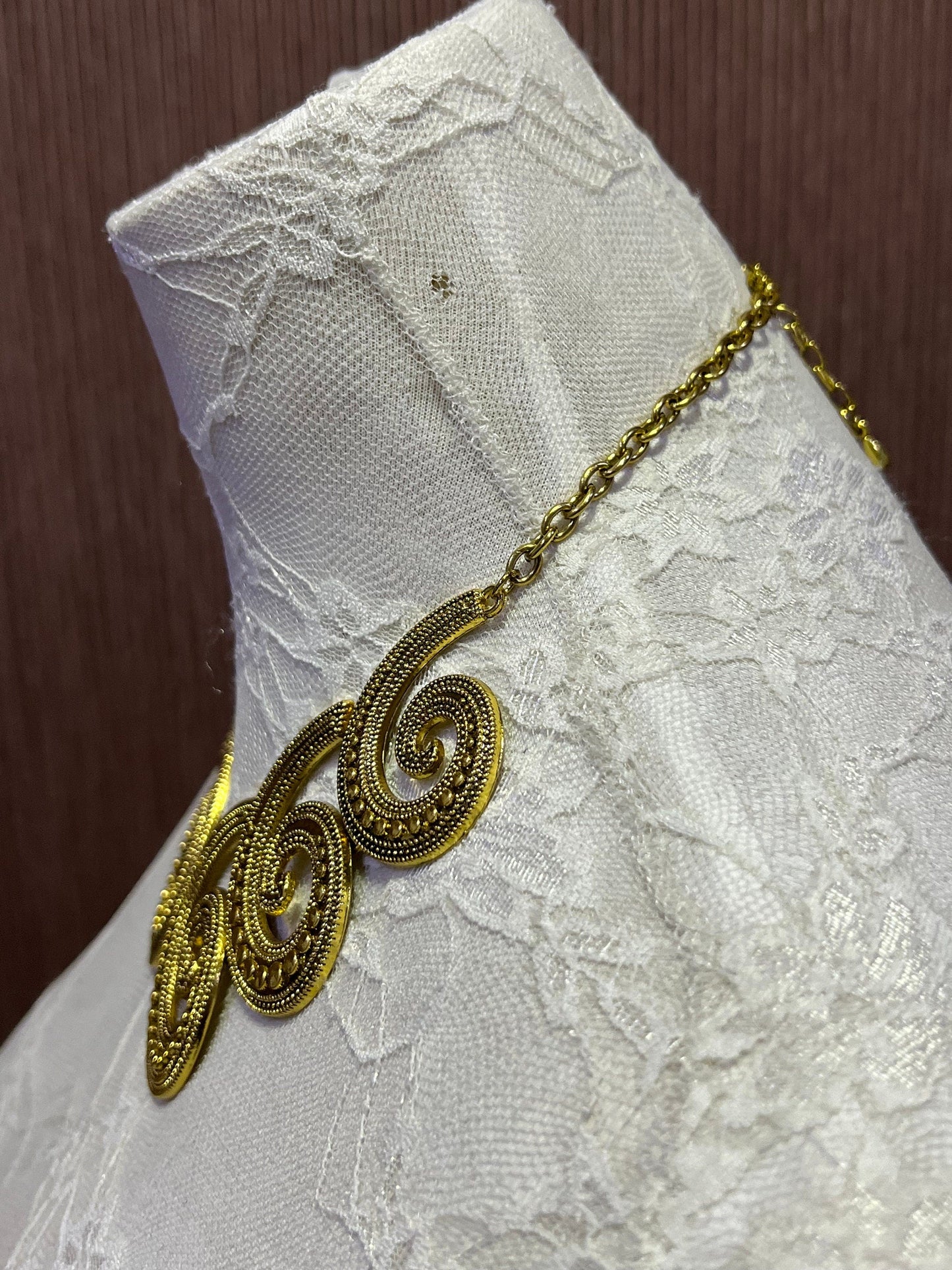 Gold Metal plated necklace with decorative spiral, Plated Necklace, Metal plated necklace, Aztec Necklace, Costume, Aztec Style