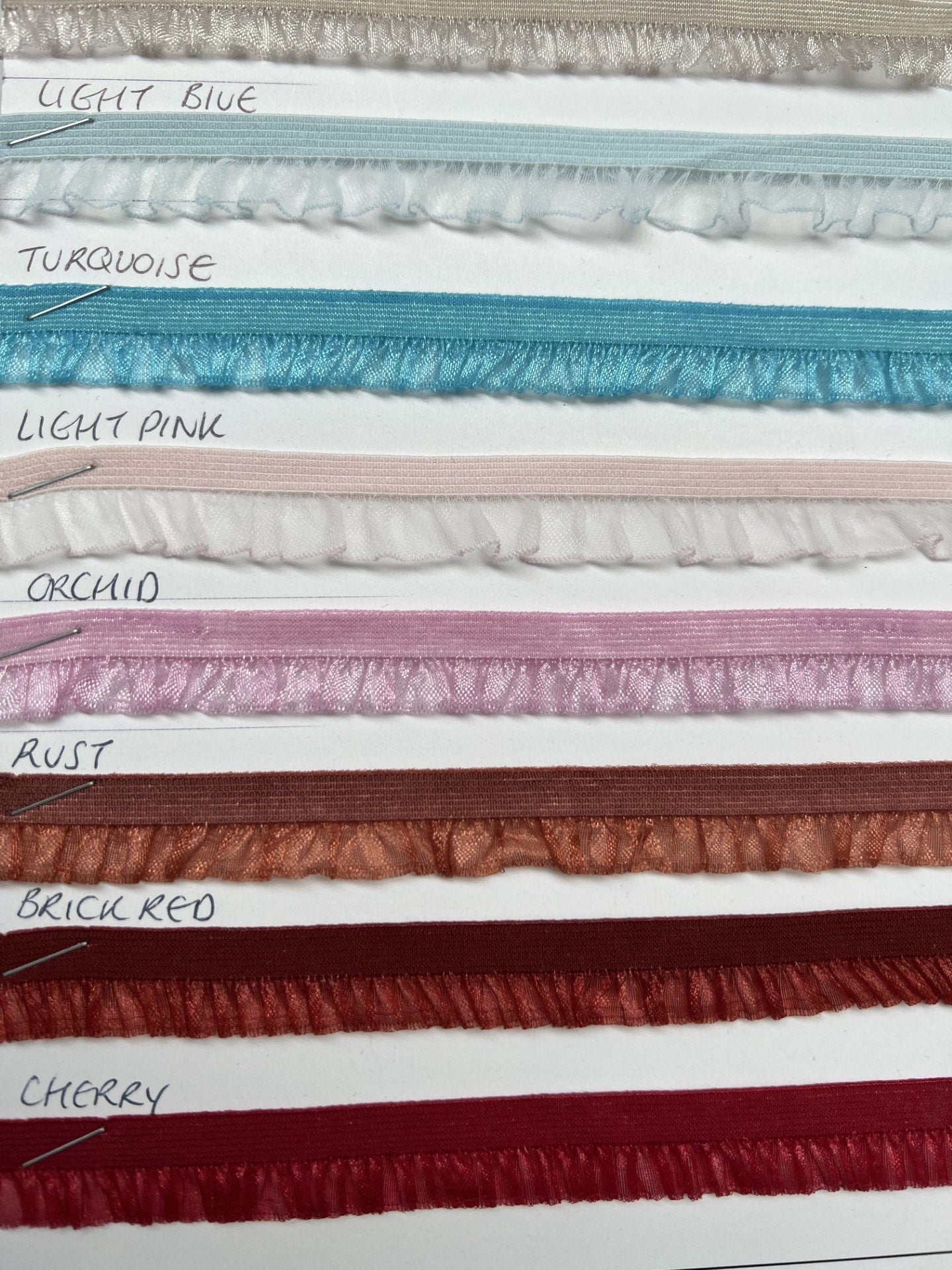 15mm Ruffle Edge Elastic, Lingerie Elastic, Organza Frill Ruffle for sewing ,lingerie, crafts, frill, organza. Frill, 10 colours
