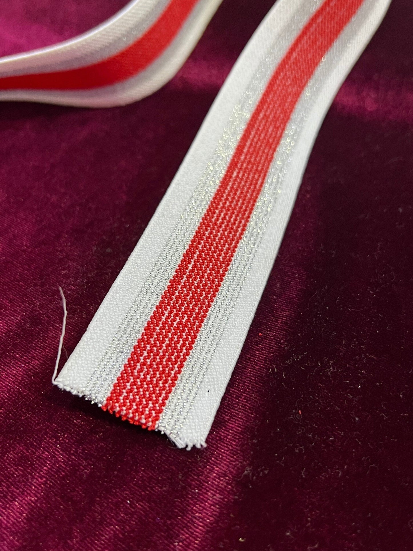 3.7cm White/ Red with silver Lurex Elastic Tape, white elastic, white /red elastic tape, stripe elastic,