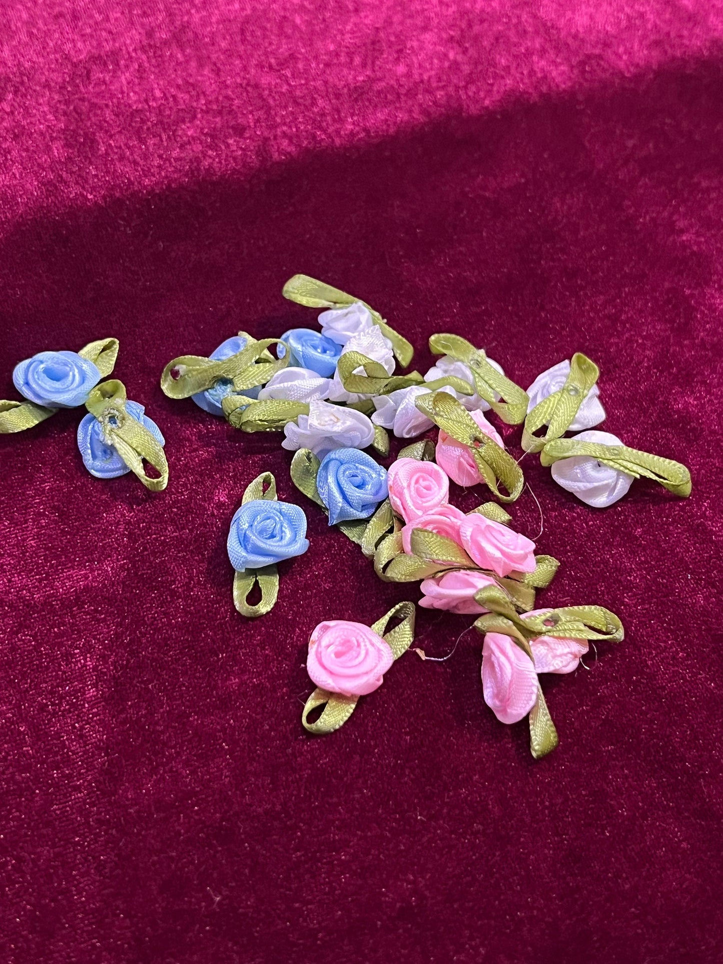 Satin ribbon roses, Sew on flowers, Pink roses, Blue roses, White Ribbon roses, Sewing, Craft, 20, 50, 100, roses, decoration,