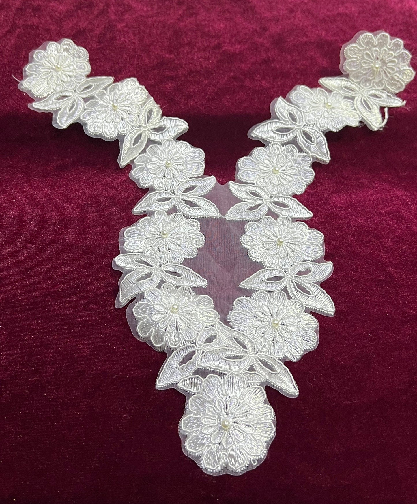 White Lace Flower motif applique, Neck trim lace, Bridal Lace, Dress sewing, occasion wear appliqué, White flower applique, Bridal Applique