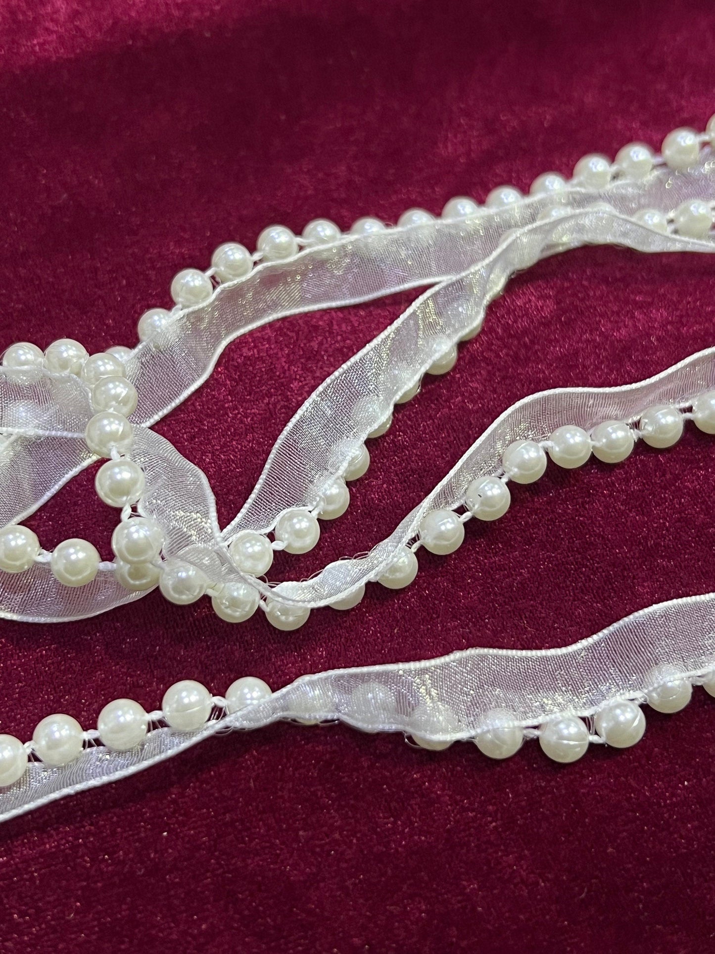White Beaded Edging Trim with organza, Faux Pearl on trim, Pearl trim, Edging lace, Bridal Trimming, Pearl Edging Trim, Sash Pearl Wedding,